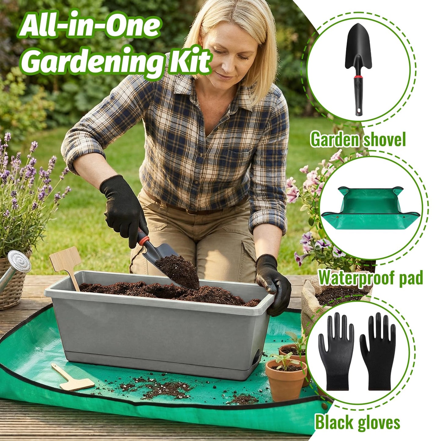 7 Pack Outdoor Planters, Plastic Rectangular Flower Pots with Saucers and Gardening Tools, 17 Inches for Indoor/Outdoor Plants, Herbs, Vegetables, Includes Trowel, Waterproof Mat & Gloves(Offwhite)