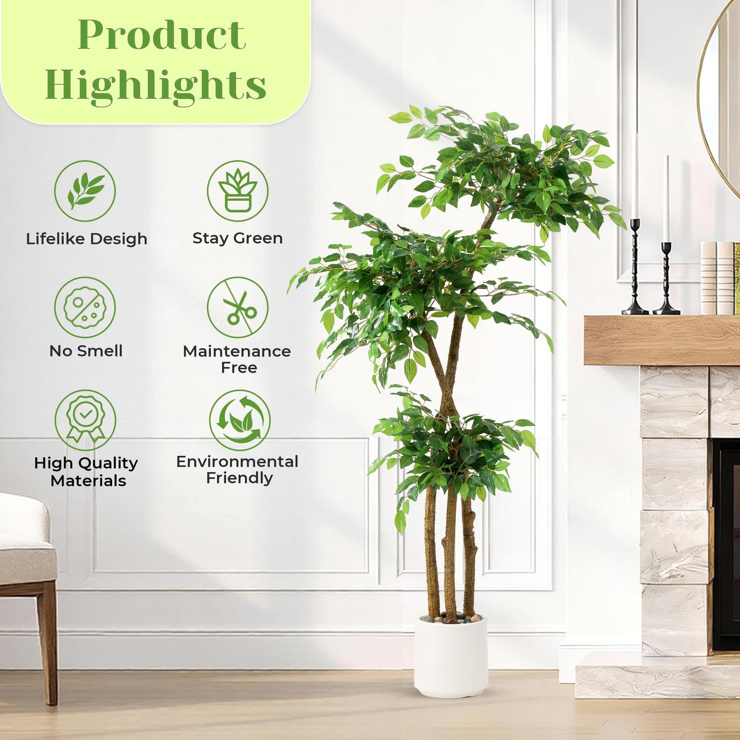 5FT Artificial Ficus Tree with White Planter and Pebbles,Faux Silk Tree with Lifelike Leaves and Realistic Trunk,Tall Fake Potted Plant for Home and Office Décor Indoor and Outdoor (5FT)
