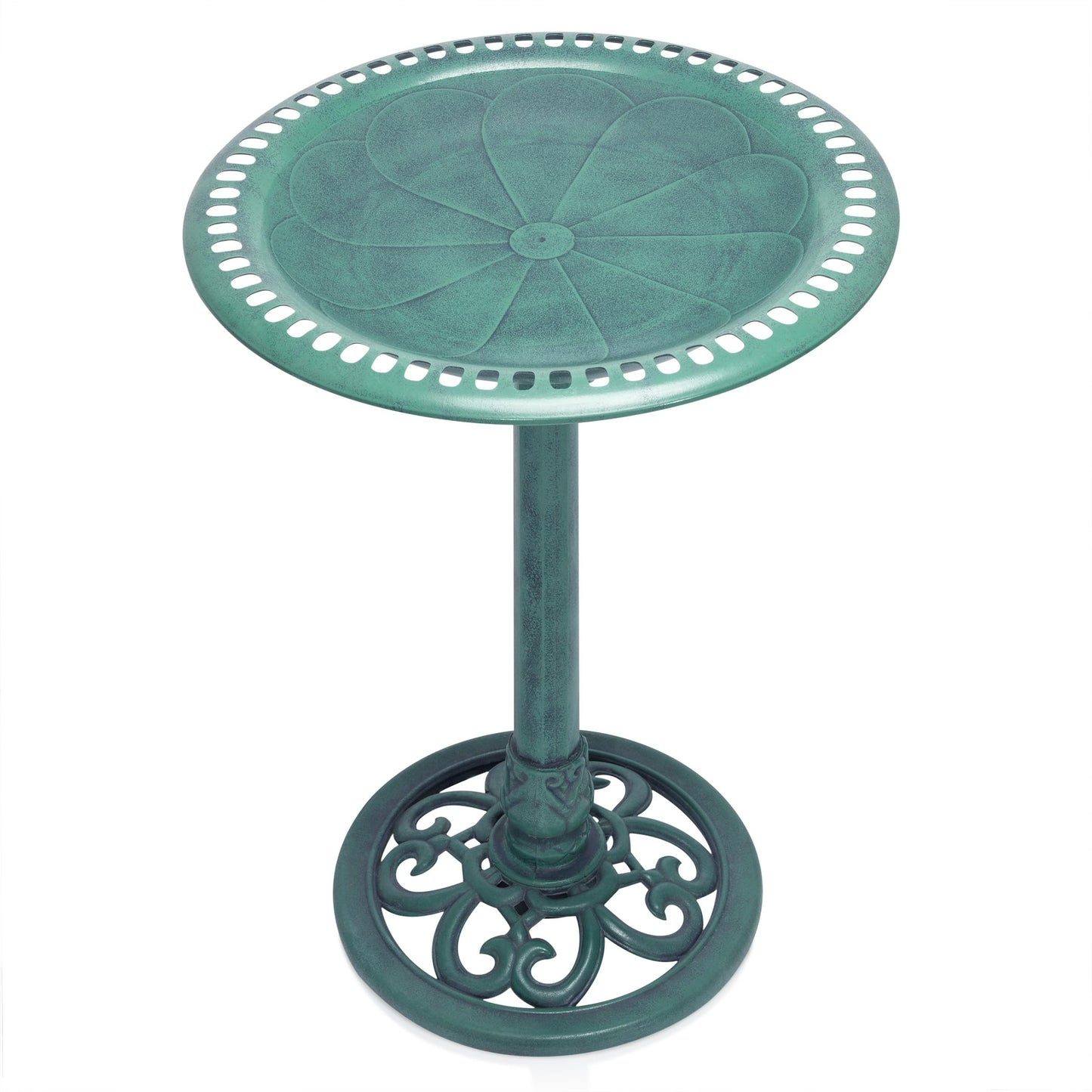 Alpine Corporation TEC116 Outdoor Aged Green Pedestal Birdbath with Scrollwork, 28" Tall, Green