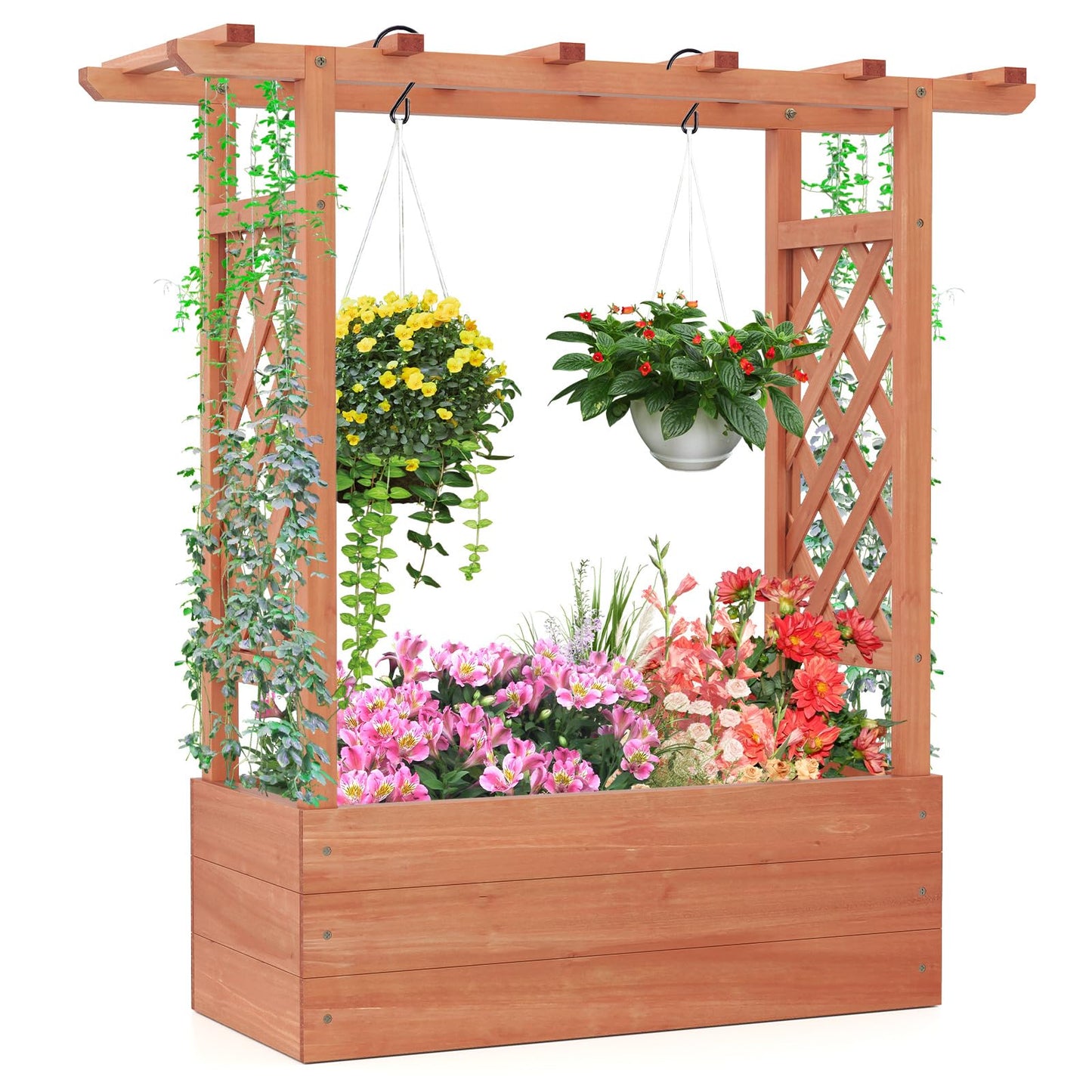 Giantex Raised Garden Bed with 2-Sided Trellis & Hanging Roof, Fir Wood Planter Box w/Drainage Holes, Freestanding Garden Planter for Flowers Herbs Climbing Vines (43"x15"x45")