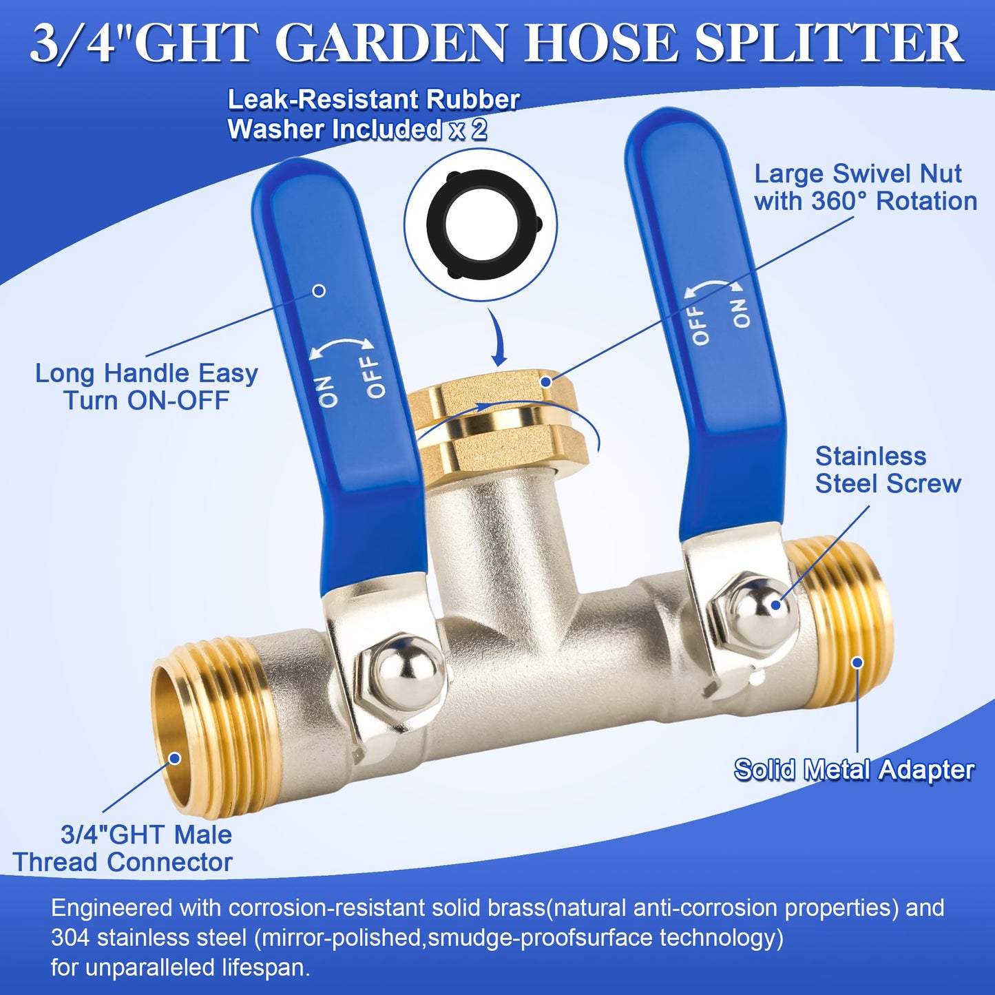 EJW 2 Way Faucet Splitter,Double Hose Connector,Garden Hose Splitters, Hose Splitter 2 Way, Two way Hose Bib Splitter, Water Spigot Splitter, RV Brass Hose Splitter, Hose Valve 3/4 Inch GHT Thread.