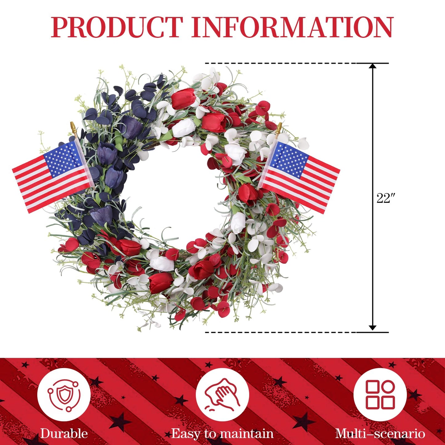 MAINGKAUNG Patriotic Wreath 22 Inch 4th of July Wreath Patriotic Wreaths for Front Door with Red White Blue Flag Tulip Eucalyptus Leaves for American Independence Day Memorial Day Flag Day Decor