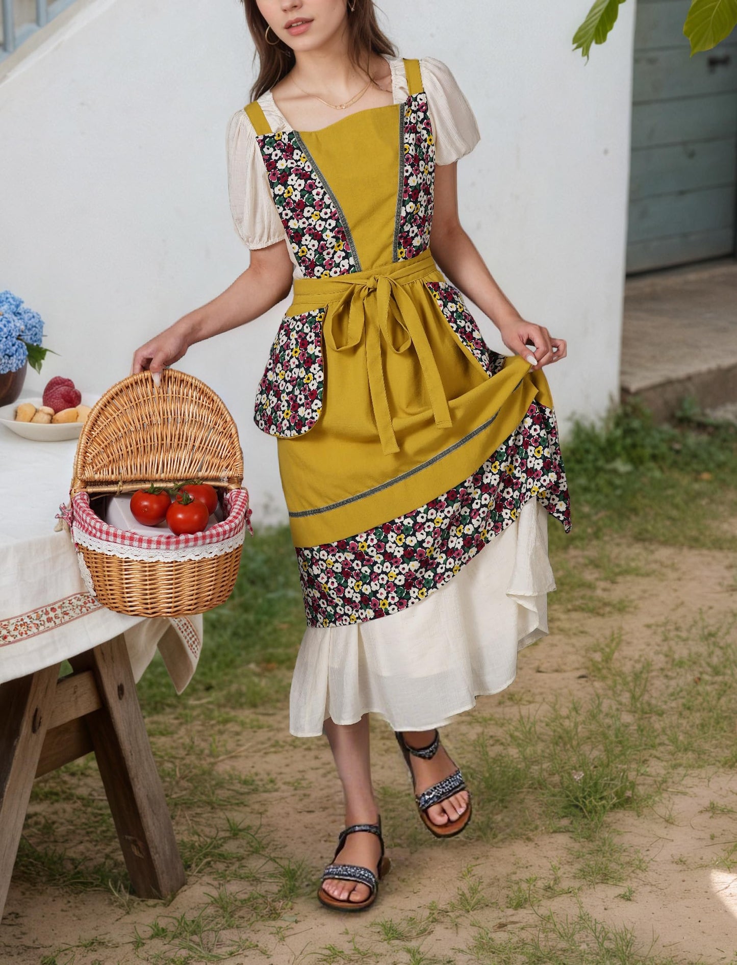 Pinknoke Kitchen Aprons for Women with Pockets Cute Floral Chef Pinafore Apron for Gardening Cooking Baking Painting (Mustard)