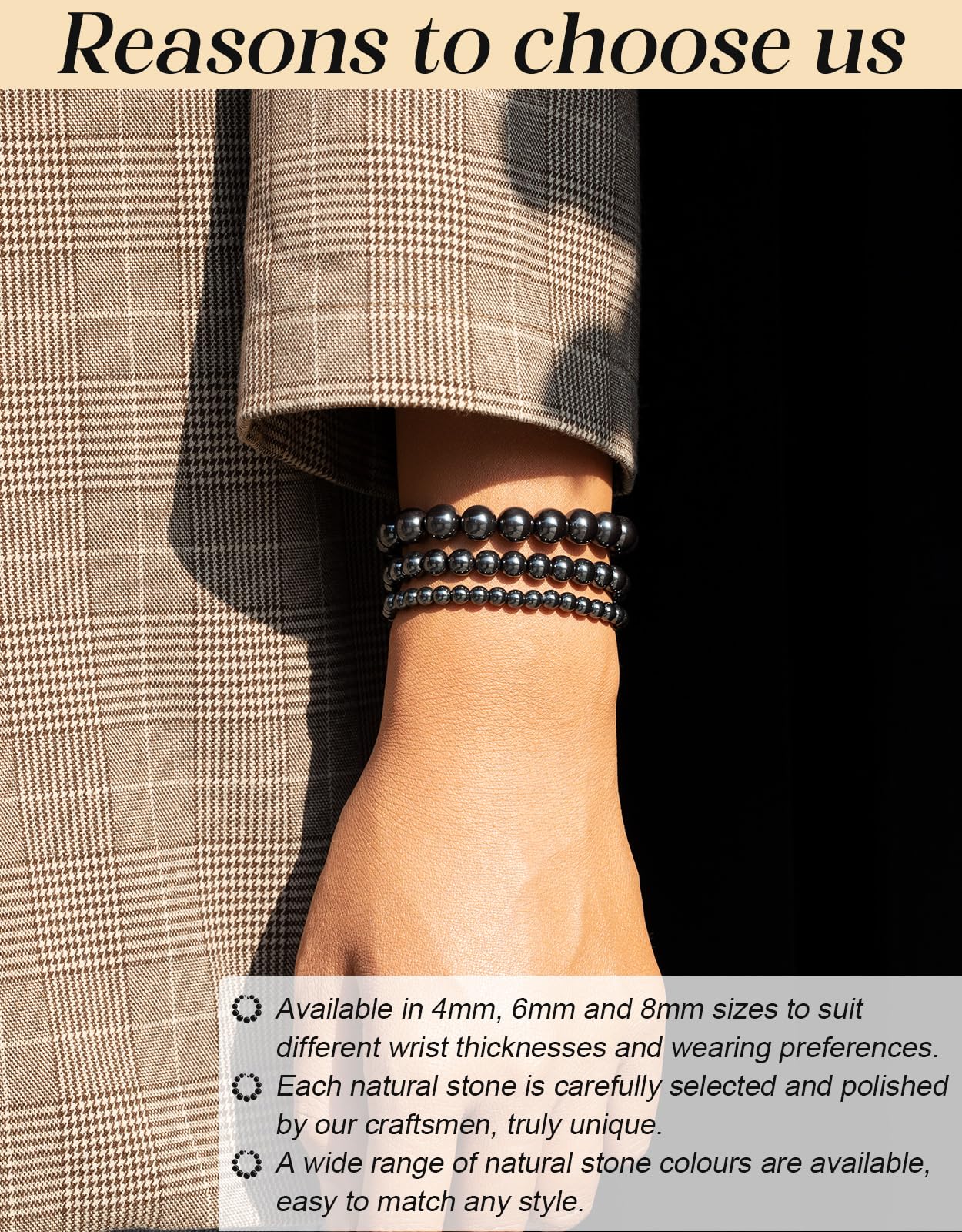 Landorilo Beaded Bracelet for Men Women, 6mm Natural Stone Hematite Healing Crystal Stretch Bracelets, Ideal Christmas Birthday Jewelry Gifts with Energy Card，Replacement Beads Included