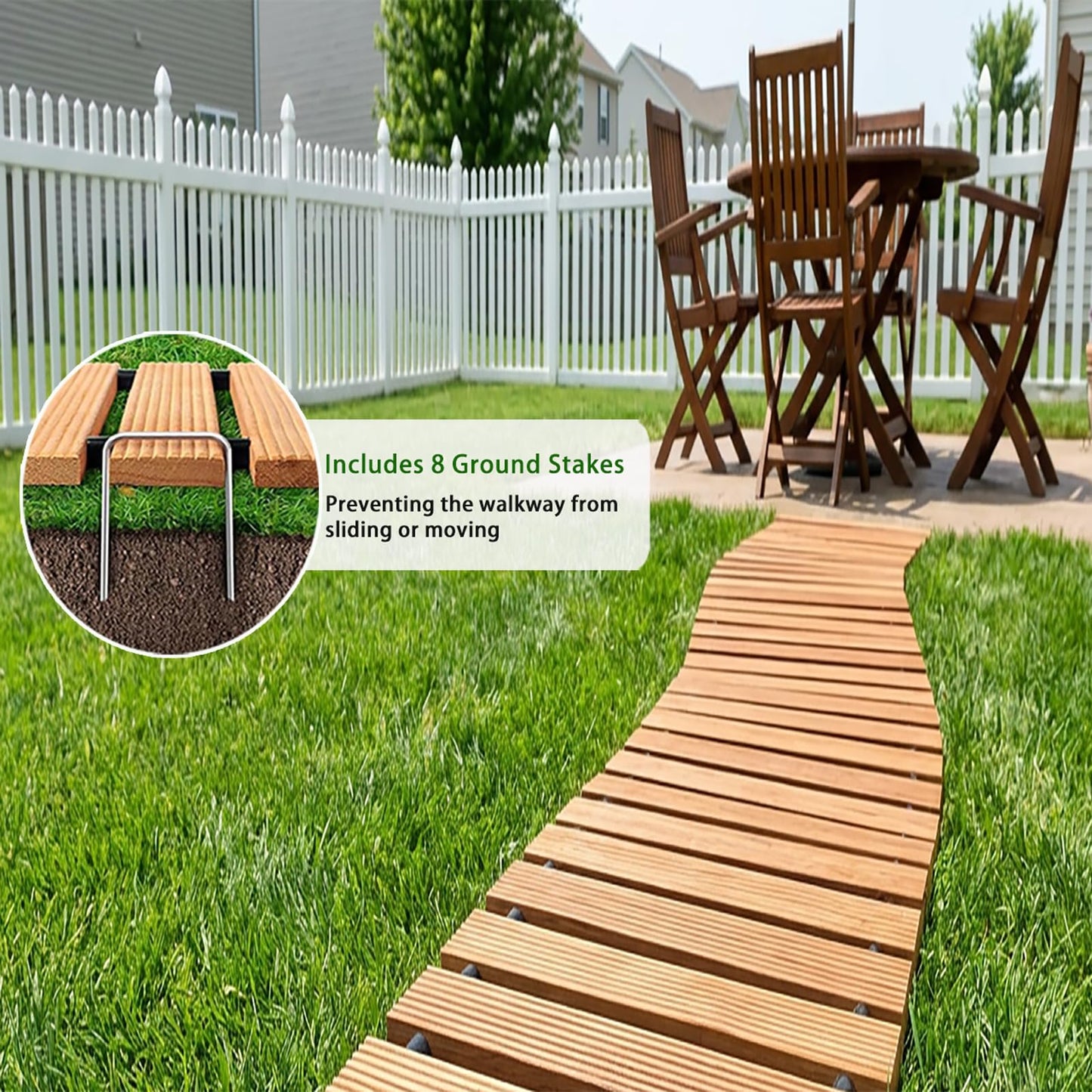 Wooden Garden Pathway Outdoor Walkway - 8 FT Roll Out Outdoor Pathway with Ground Stakes, Boardwalk Pavers for Outside Walkway, Non-Slip Garden Path for Backyard Decor, Lawn Landscaping, Natural