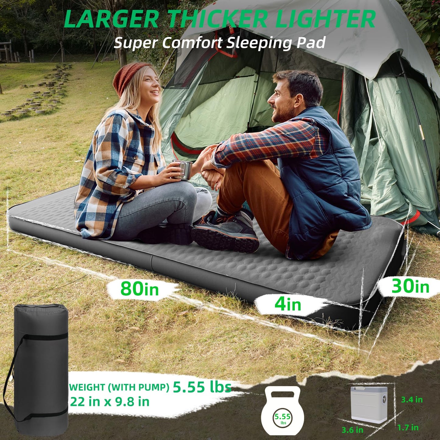 TPYOCQU Self Inflating Sleeping Pad with Electric Pump, 4" Ultra-Thick Memory Foam Camping Sleeping Mat with Pillow, 9.5 R-Value Insulated Camping Pad Mattress for Travel Car Tent (Grey-4Inches)