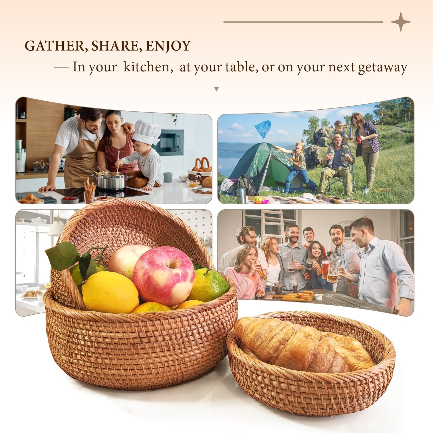 9.2" Medium Round Rattan Wicker Bread Basket, Natural Fruit Basket for Kitchen Counter, Hand Woven Food Baskets, Artisanal Bread Baskets for Serving, Fruit, Vegetable, Snack, key, Etc.