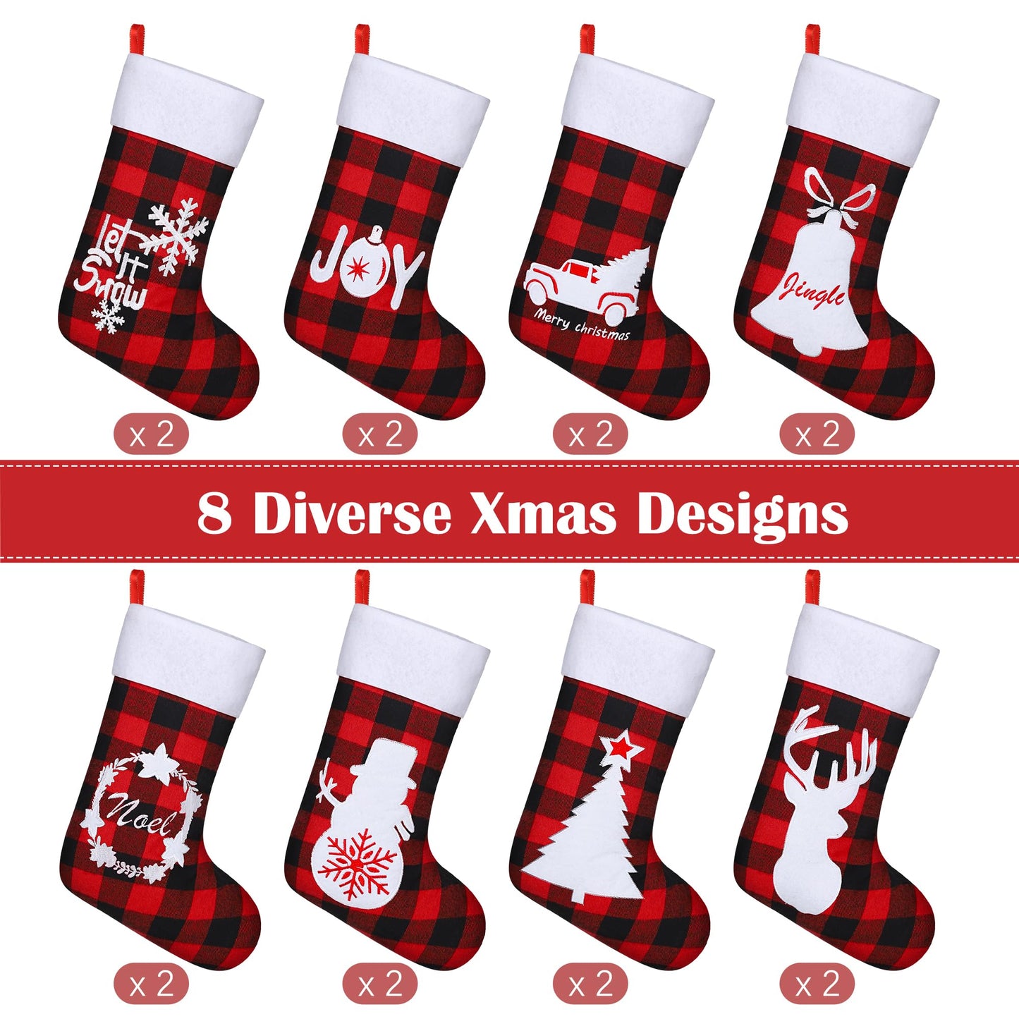Aodaer 16 Pack Felt Christmas Stockings 18 Inches Red Black Buffalo Plaid Xmas Fireplace Hanging Stockings with Santa Snowman Reindeer Pattern Holiday Hanging Decorations for Christmas Party Favors