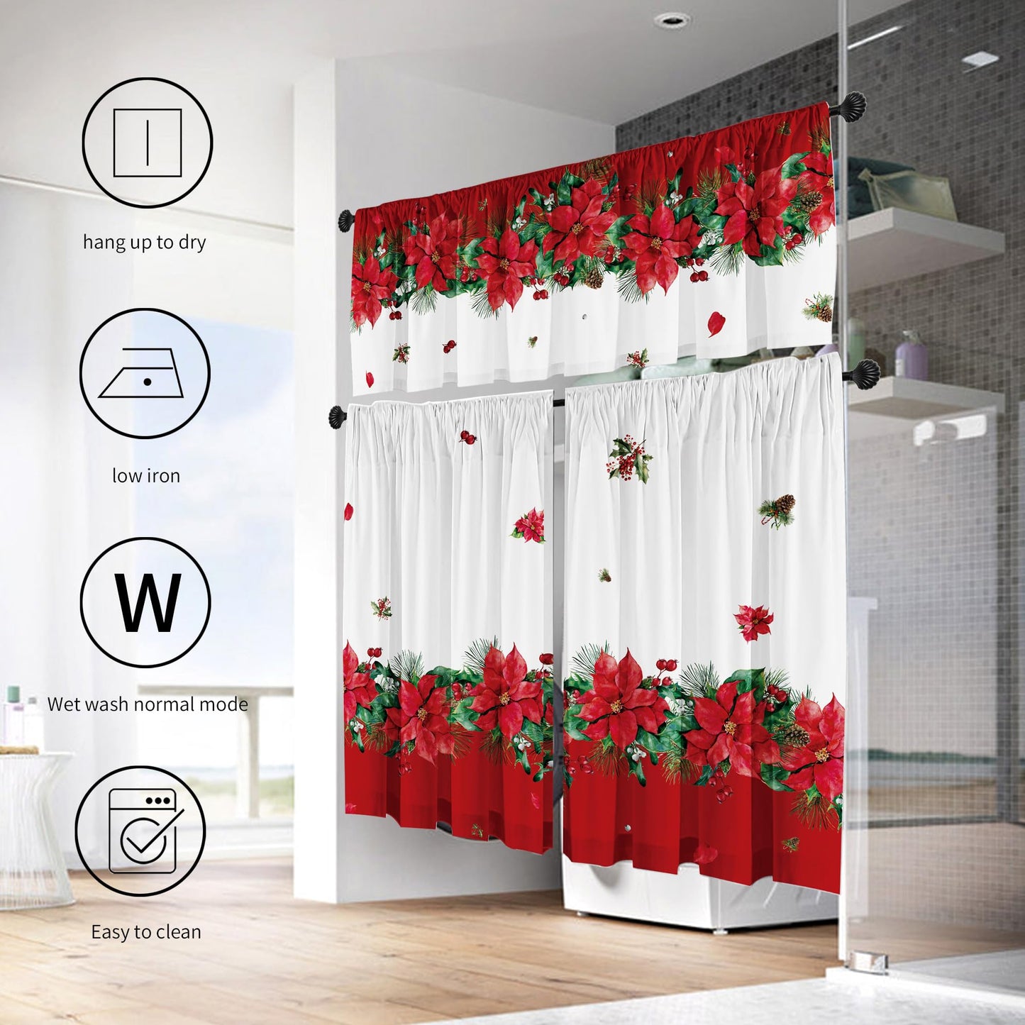 Cuteiush Christmas Poinsettia Curtain Valances Set of 3 Panels,Red,White&Green Rod Pocket,Festive Decor for Kitchen Bedroom, Bathroom,Laundry,52x18 Inch + 2x36x26 Inch