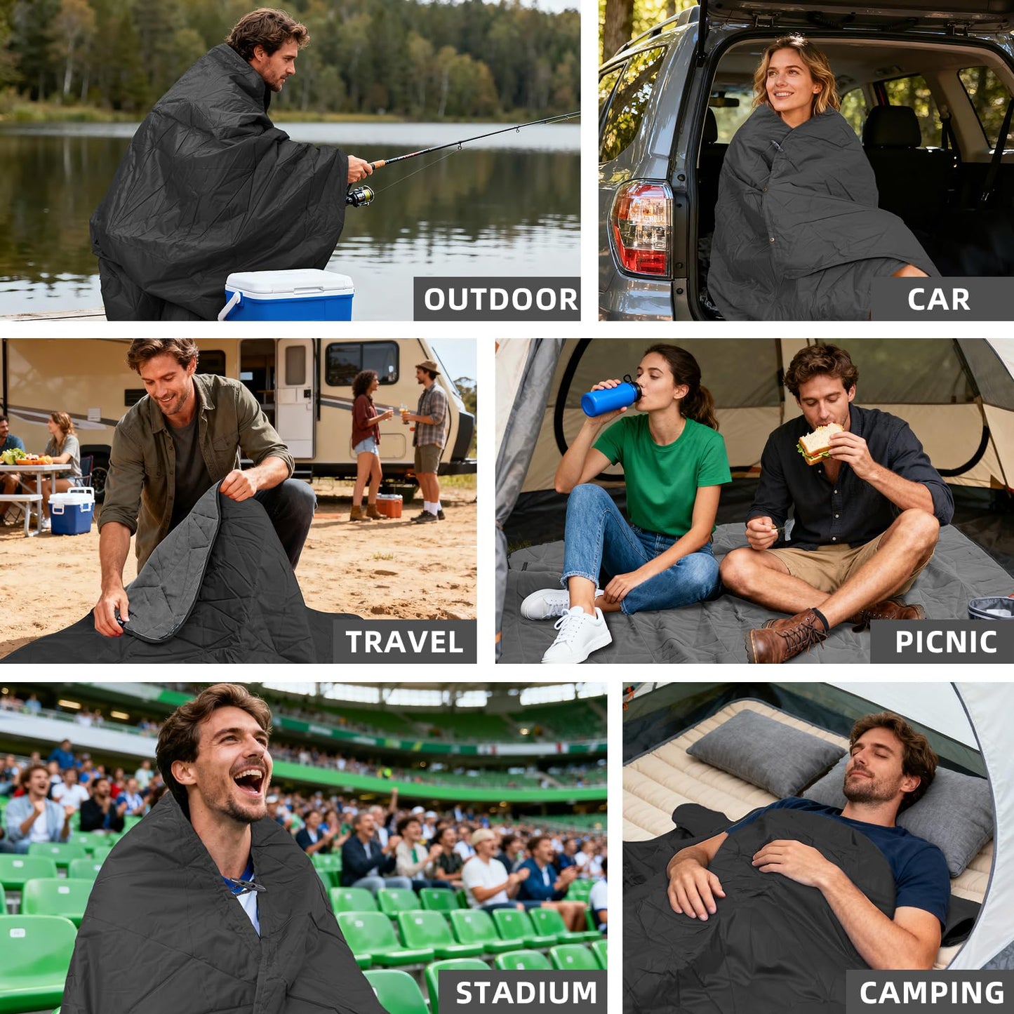 KawaGebo Kamp Large Outdoor Waterproof Blanket Extra Thick Fleece Stadium Blanket for Camping, Car, Pet, Picnics - Windproof, Wearable, Machine Washable 80" x 58" (Black Gray)