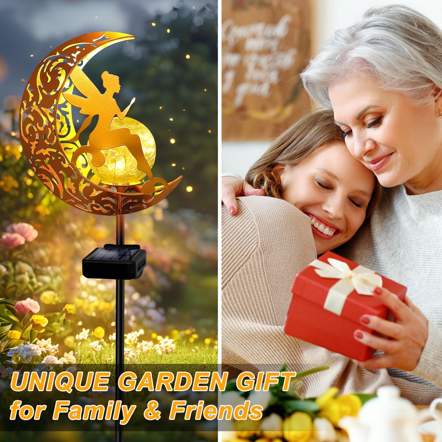 Solar Garden Lights Pathway Stake Lights Waterproof, Gift for Women Mom Grandma Wife Daughter, Moon Fairy Glass Globe with Angel Decor, Outdoor Decor Lights for Walkway, Yard, Lawn, Patio or Courtyard