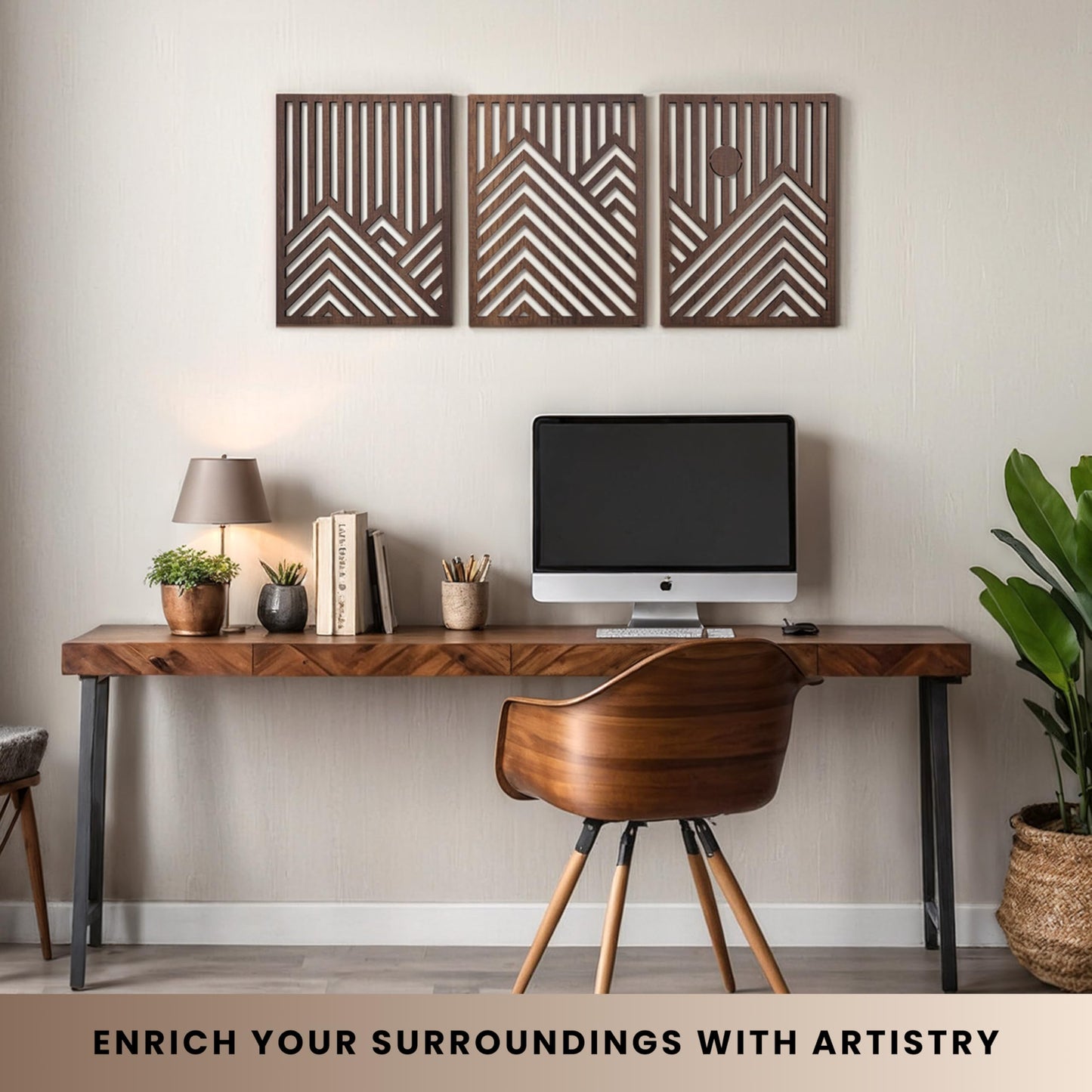 qmmp Modern Wooden Wall Sculptures - Set of 3 - Home Decor Accent - Large Wall Art for Living Room, Bedroom, Office - Easy Installation (Walnut, Medium - Mountain and Sun)