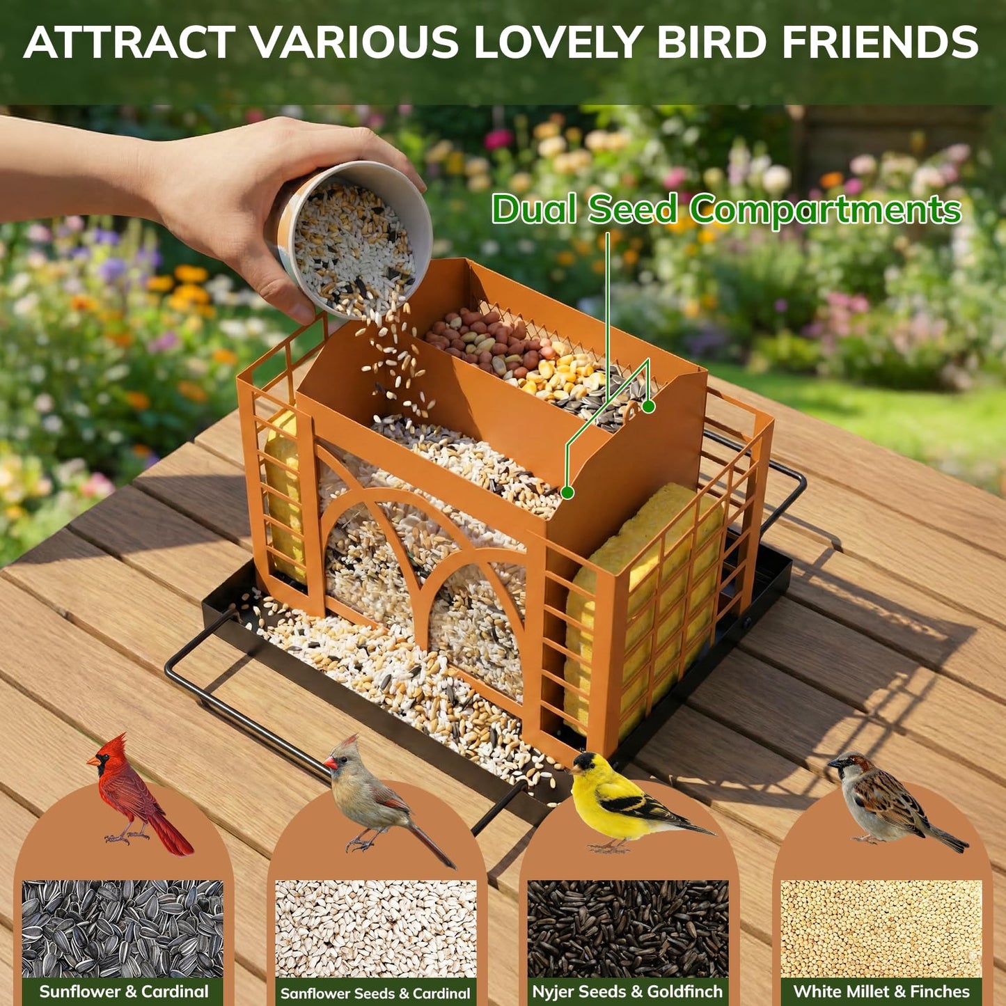 Bird Feeders for Outdoors Hanging, Metal Bird Feeder with Double Suet Cage Weatherproof Metal Roof, 3.5Lbs Large Capacity Great for Attracting Finch Cardinal Chickadee Wild Birds, Pinecone Brown