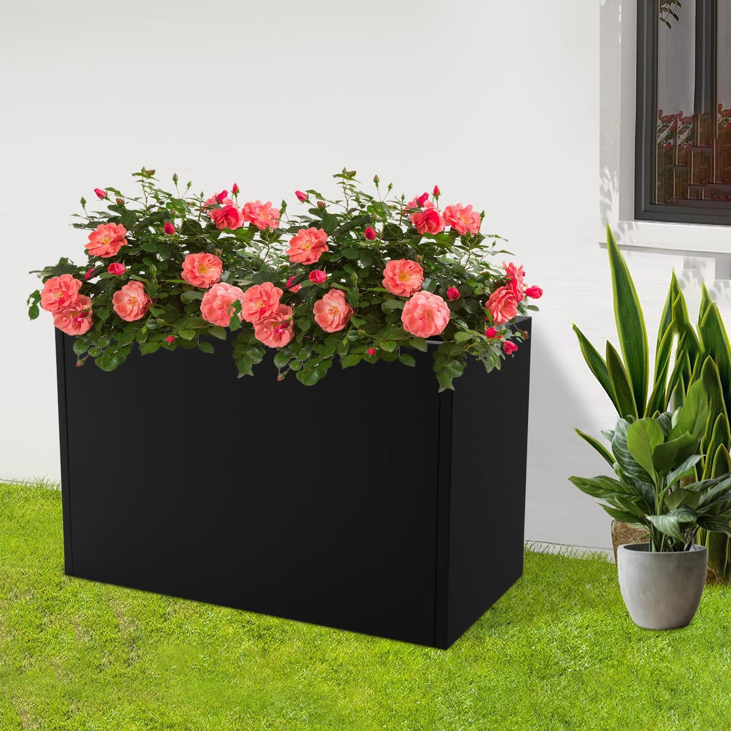 HCYHSLH Heavy-Duty Metal Planter Box, Steel Rectangular Garden Box, High-Temperature Baking Paint Freestanding Indoor/Outdoor Planters w/Removable Insert Shelf, Drainage Holes, Gloves, Black