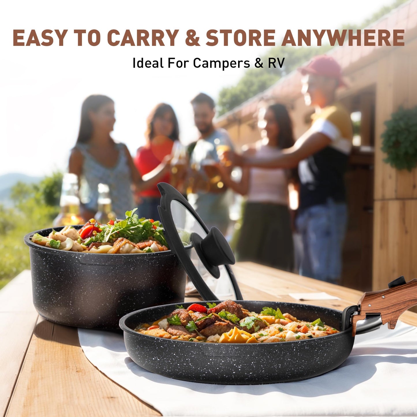 MAISON ARTS Detachable Handle Induction Pots and Pans Set, 10 Piece Non Stick Kitchen Cookware Sets, Stackable Black Granite RV Cooking Set for Camper