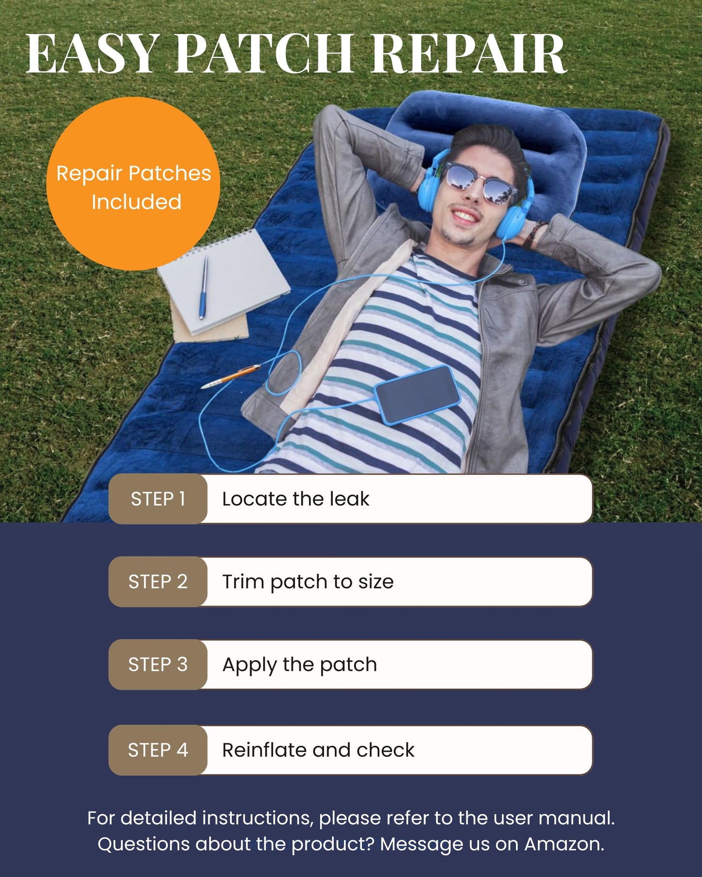 Kampair Inflatable Sleeping Pad for Camping, Extra-Thick 4.75" Single Air Mattress with Soft Velvet Top, Machine Washable, Family Lightweight 4-Season Pad for Traveling & Hiking, Blue