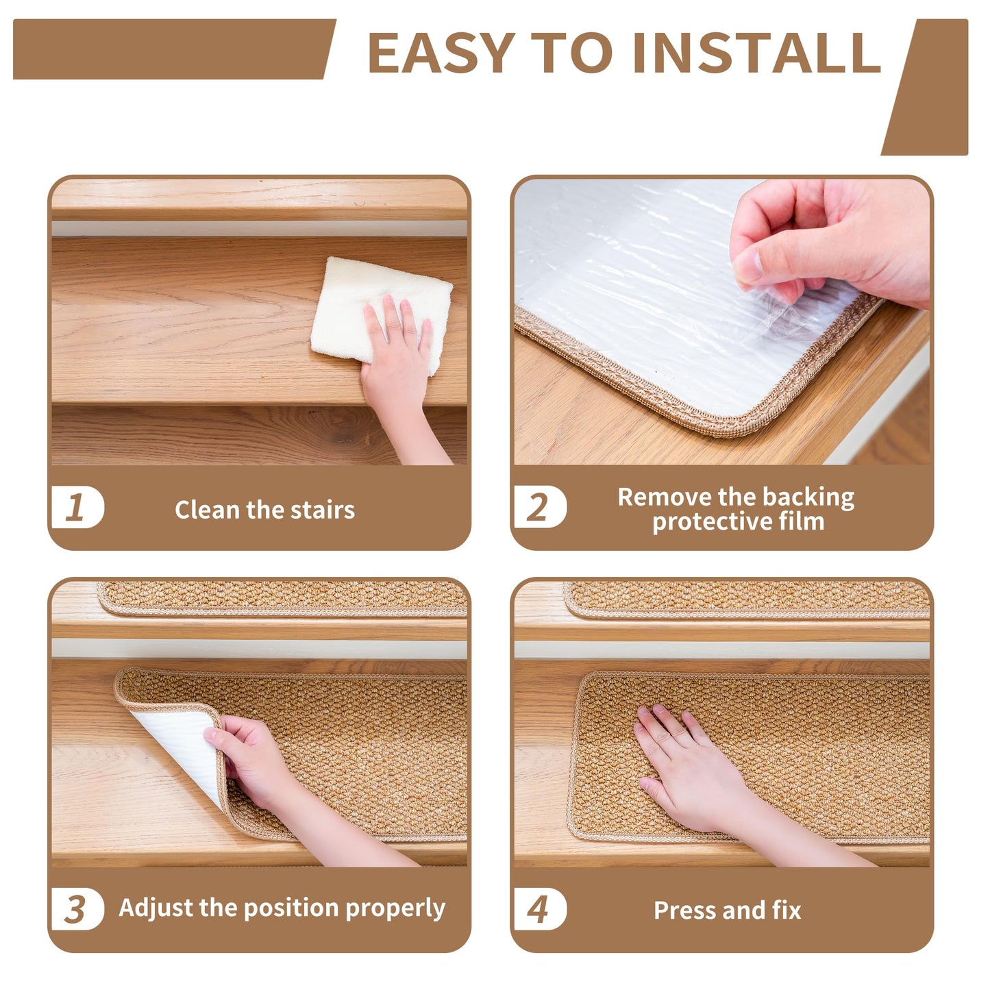 DONJOP 9.5x36 Inch Stair Treads for Wooden Steps Indoor(15-Pack) – Non Slip Adhesive Peel and Stick Carpet Stair Treads, Washable & Reusable Stair Runner Rugs for Kids Elders and Pets-Khaki
