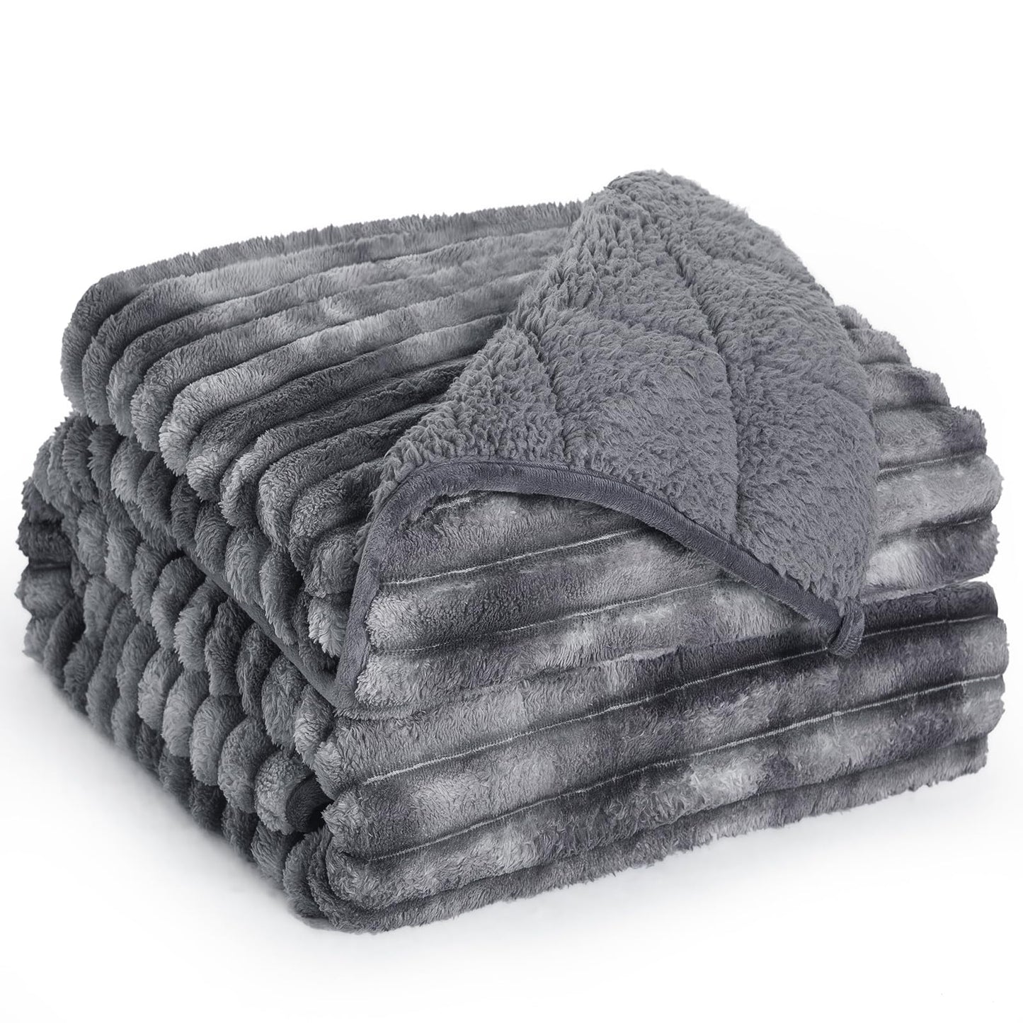 UINIU Sherpa Fleece Weighted Blanket with 3D Ribbed Stripes, 15 lbs Soft Flannel Heavy Throw Blanket for Couch Bed Sofa, Heavy Thick Blankets with Glass Beads, Great for Sleep, 48" x 72"