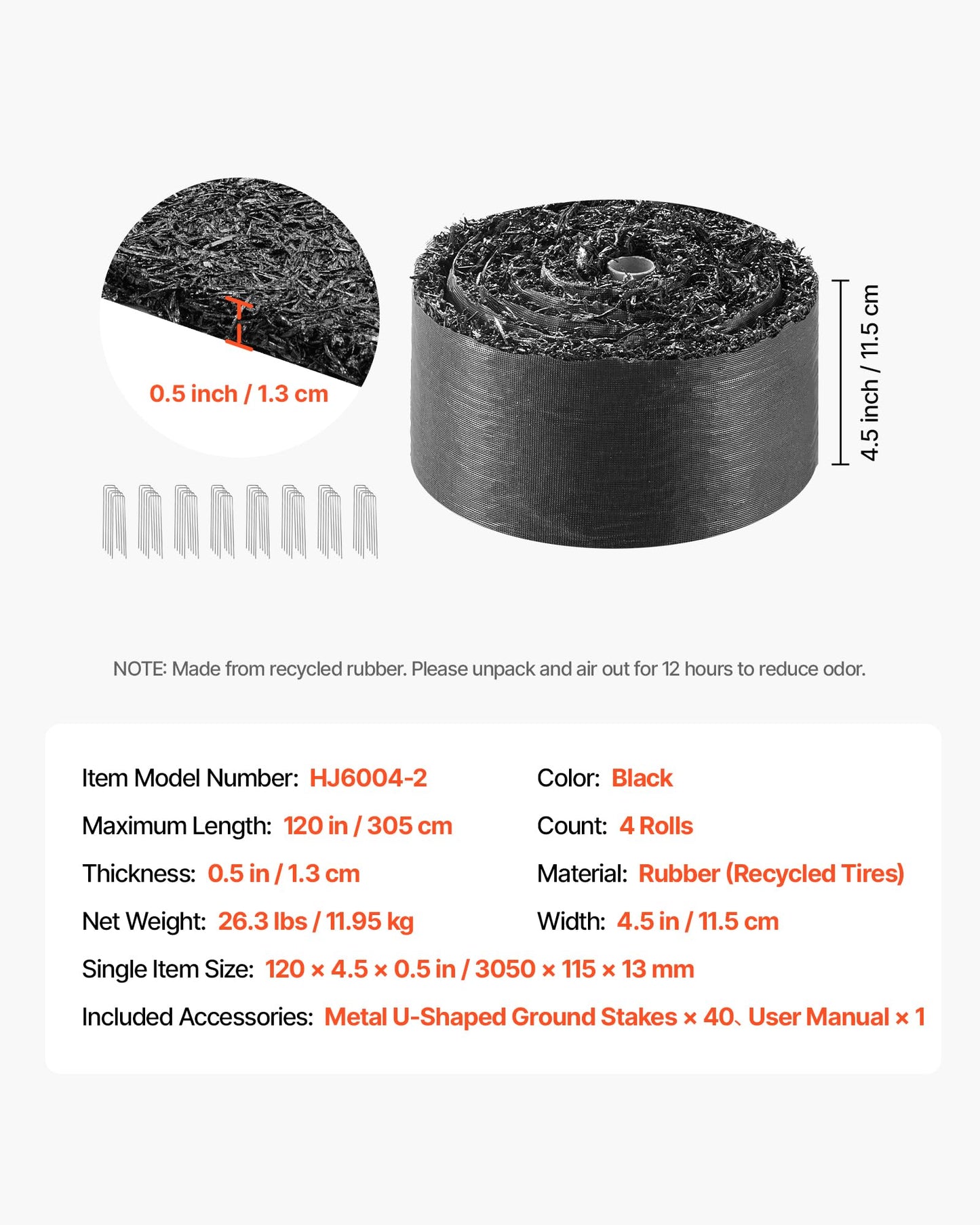 VEVOR Rubber Mulch Mat Roll, 4 Rolls 120 x 4.5 in, Recycled Rubber Permanent Mulch Edging Border, Natural-Looking Flower Barrier with Stakes, 0.5 in Thick Cuttable Garden Edgings for Landscaping