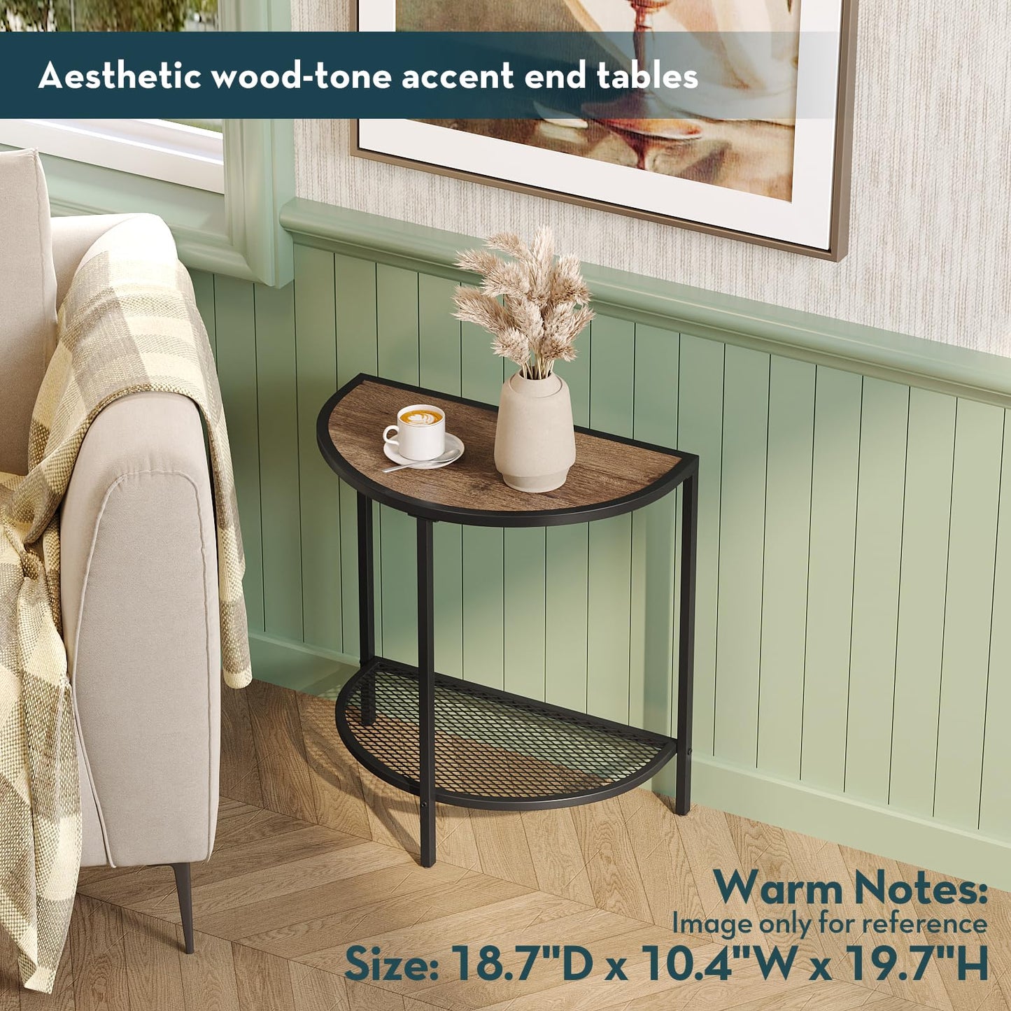 SAYGOER Small Side Table 19.7'' Half Moon Side Tables for Living Room 18.7"*10.4" Unique Modern Half Round Bed for Home Balcony 2 Tier Couch Tables with Storage Shelf, Adjustable Feet, Dark Walnut