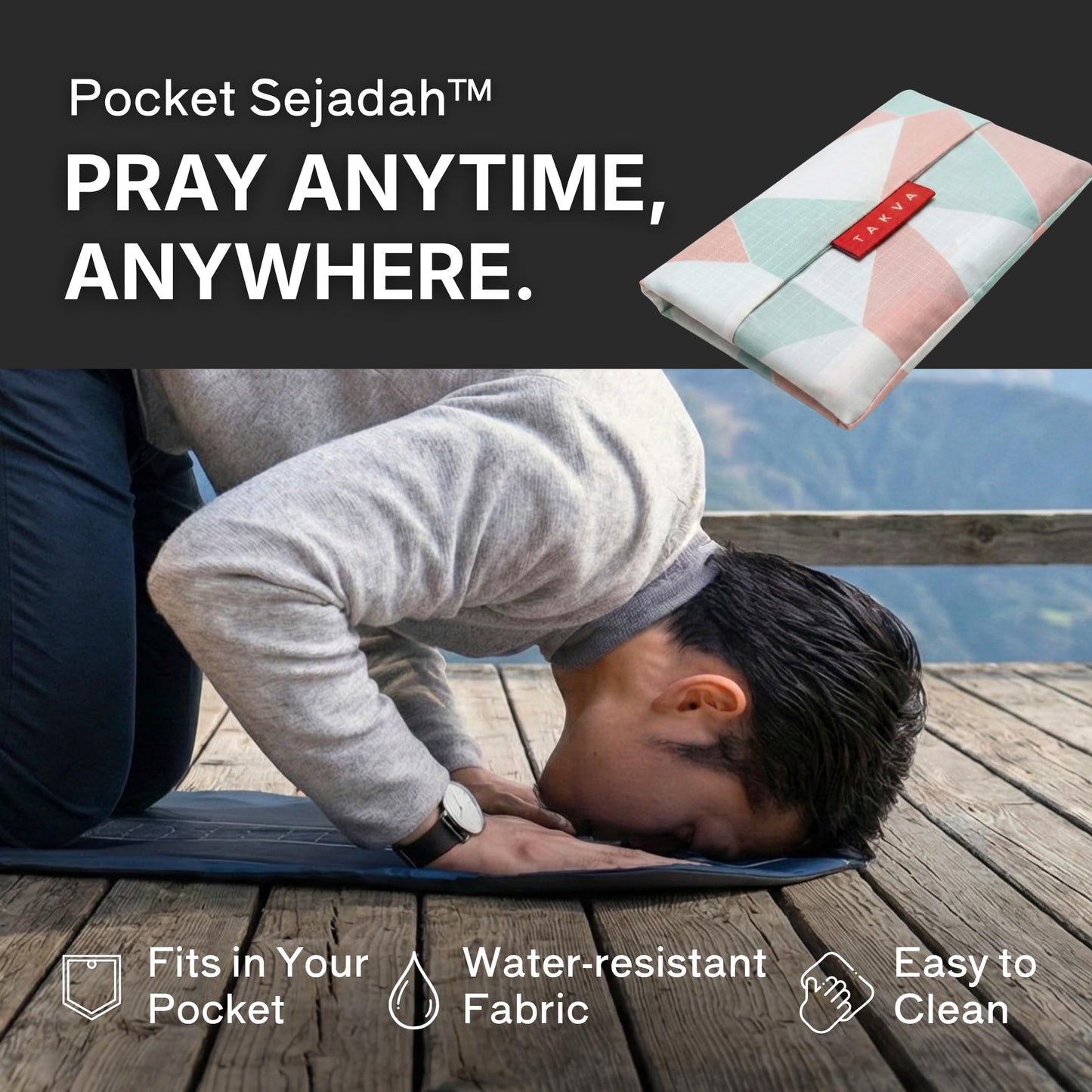 TAKVA The Pocket Sejadah™ | Portable Foldable Travel Prayer Mat, Waterproof, Ramadan/Eid Gift, Perfect Muslim Gift, Pocket Size (Design in Japan, Made in Turkey)