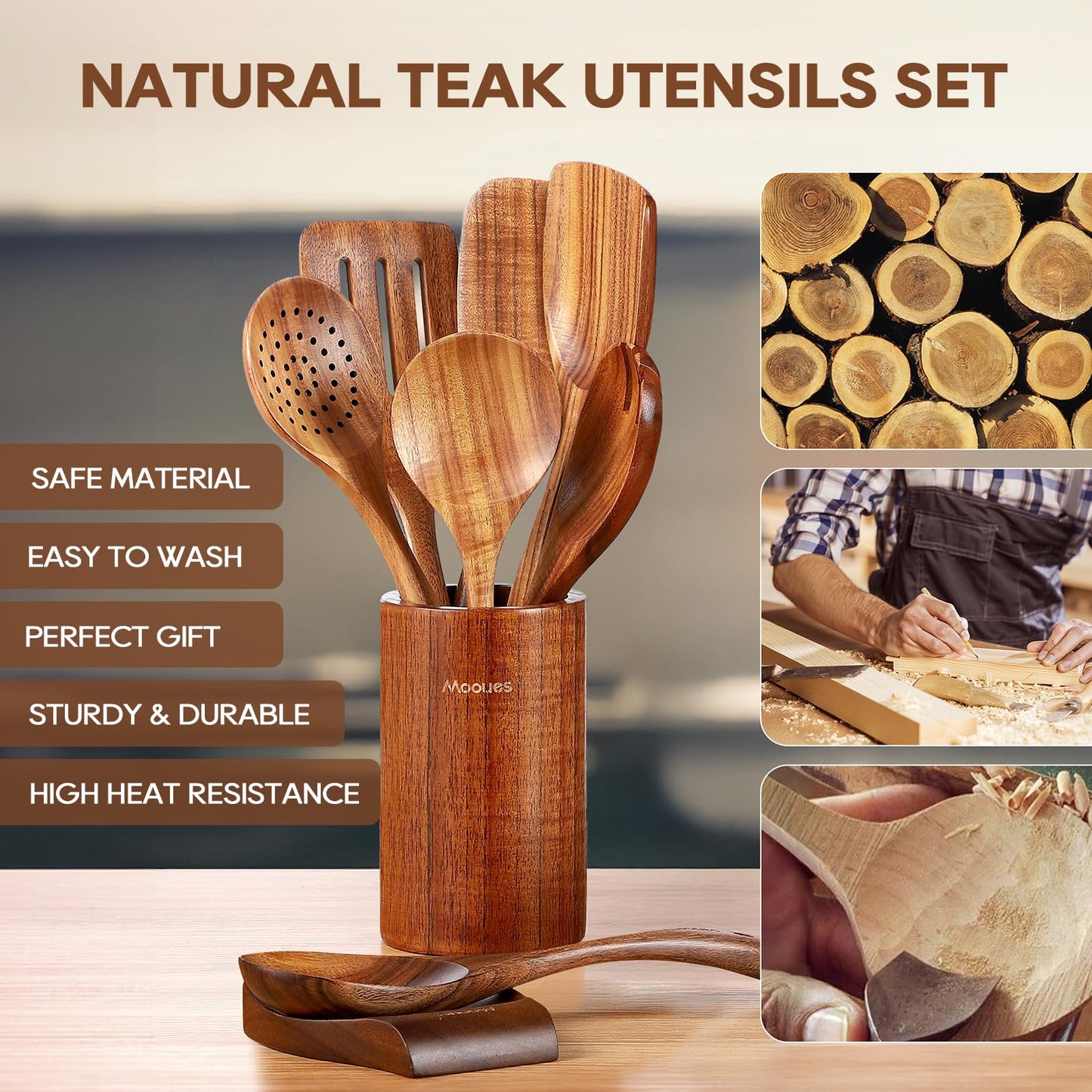 Mooues 9 Piece Natural Teak Wooden Kitchen Utensil Set with Spoon Rest - Comfort Grip Cooking Spoons and Utensils Holder