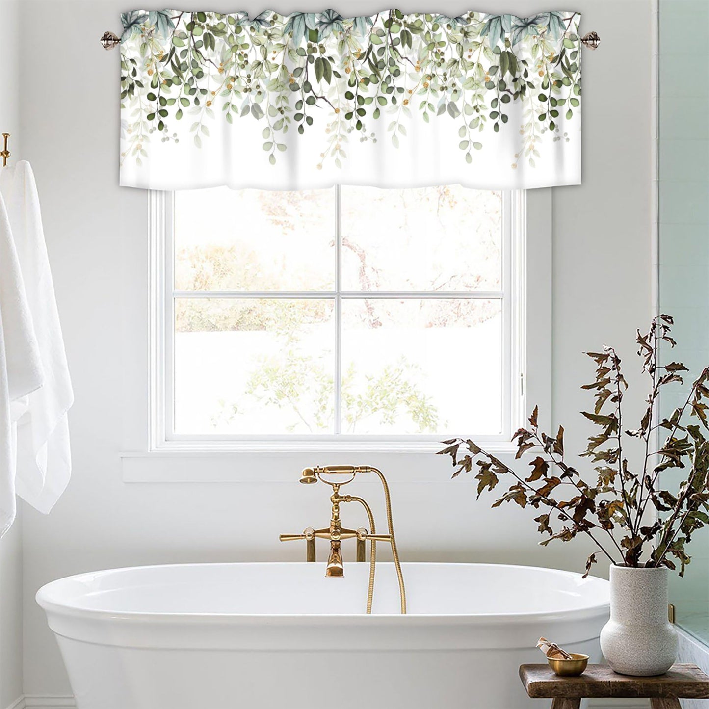 AYTTBIS Sage Green Eucalyptus Leaves Curtain Valance for Windows Watercolor Window Treatments 1 Panel Short Curtains for Kitchen Windows Bathroom Bedroom,42 x 12 Inch
