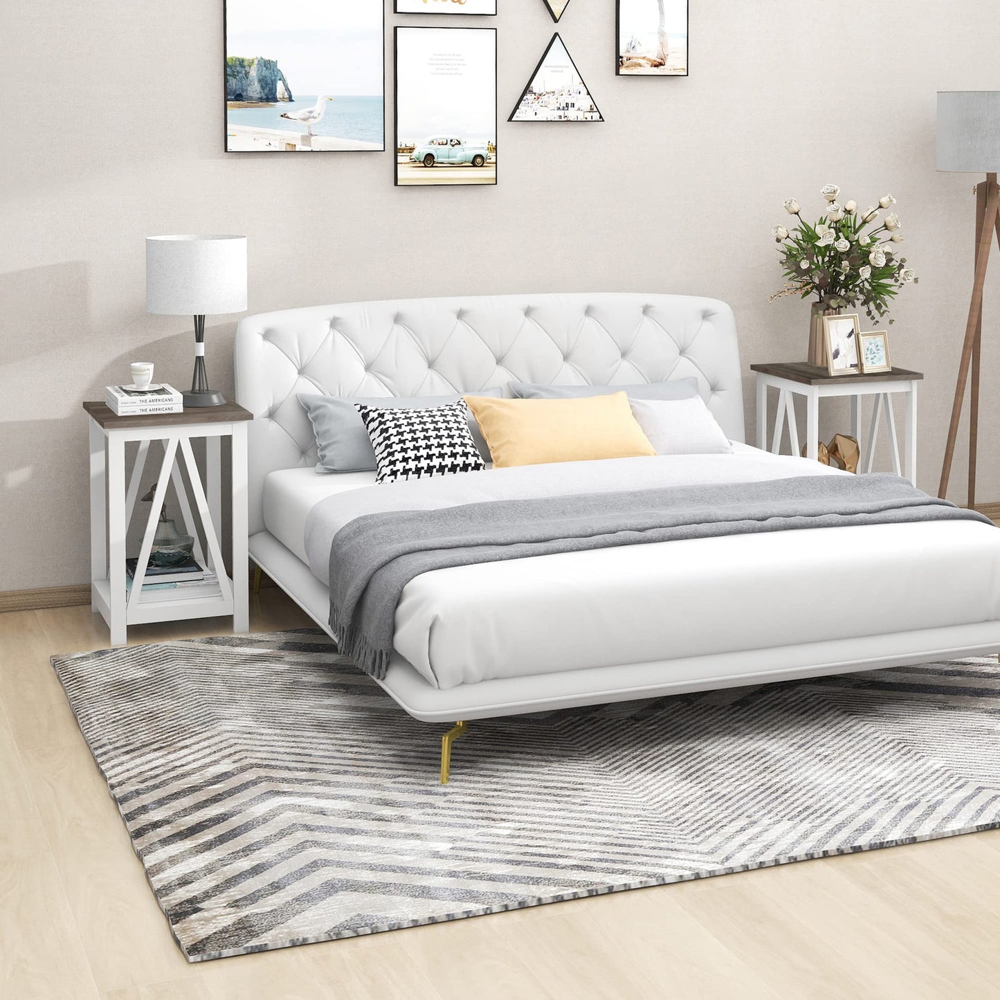 UYIHOME Farmhouse Square End Table, Accent Side Table with Slats Design, Sofa Side Table with Sturdy Frame for Living Room, Dark Grey