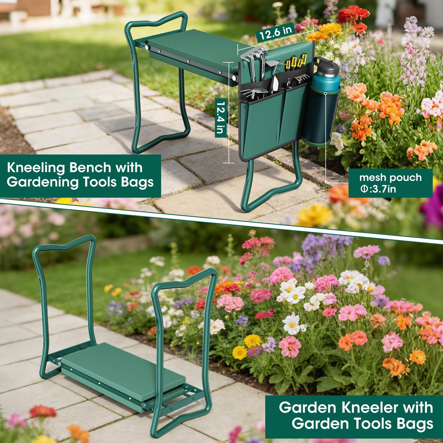 2-in-1 Garden Kneeler with Umbrella, Garden Kneeling Bench & Green Umbrella, Portable Garden Stool Loads Capacity 330lb and Garden Tools Bag with bottle holder, Gardening Gifts for Women,Men,Seniors