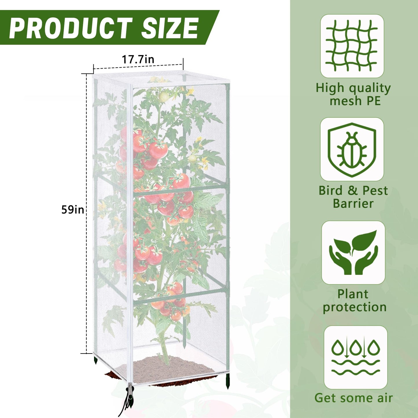 3 Pcs Garden Bird Netting Plant Cover for Square Tomato Cage, 59" x 17.7" Insect Bird Barrier Tomato Cage Net with Zipper & Drawstring, Tomato Trellis Netting Protection Cover for Protecting Plants