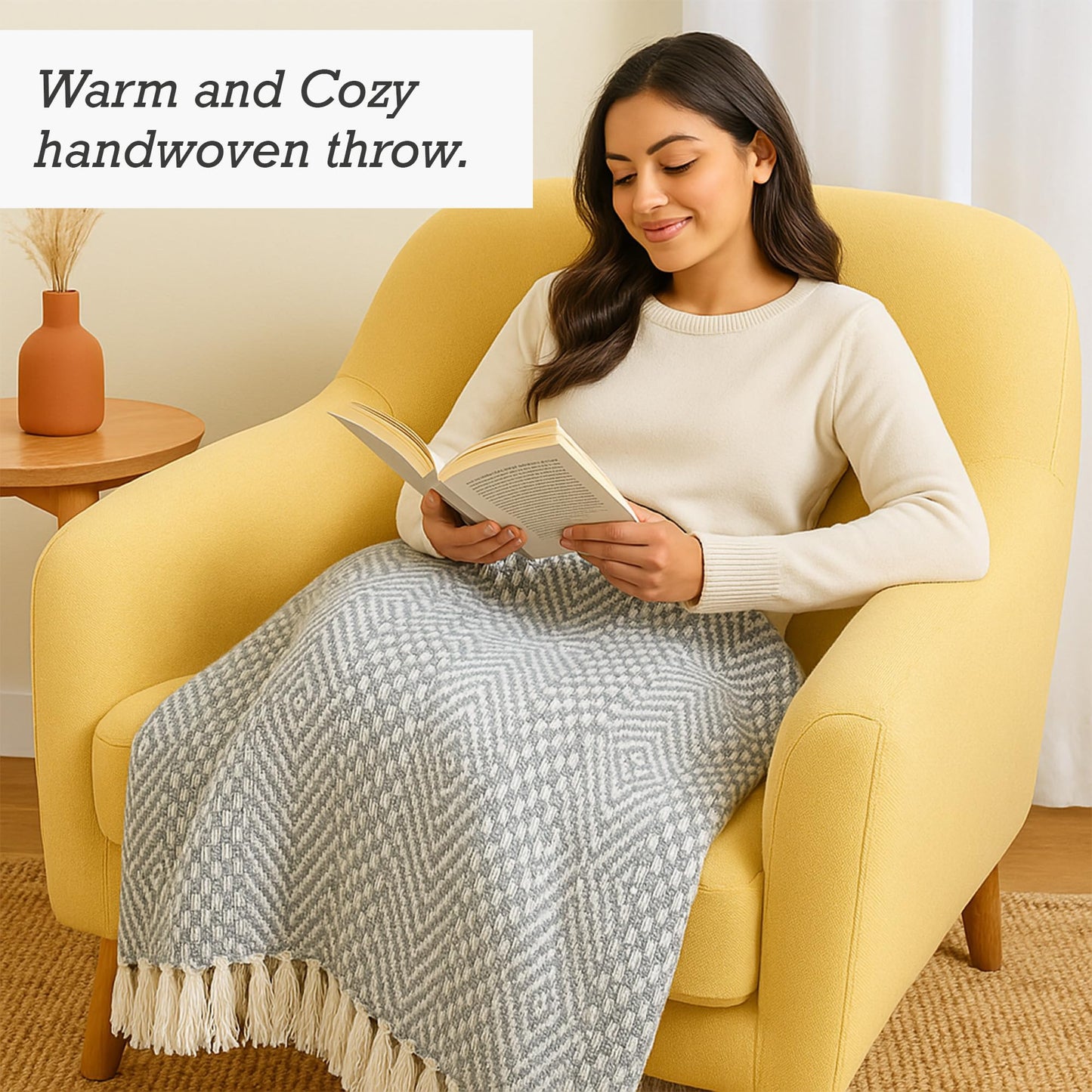 RAJRANG Grey Woven Country Rustic Throw Blanket 100% Cotton Luxury Quality Sofa Couch Bed Throws Perfect for Indoor Outdoor 50x60 Inches Wild Dove