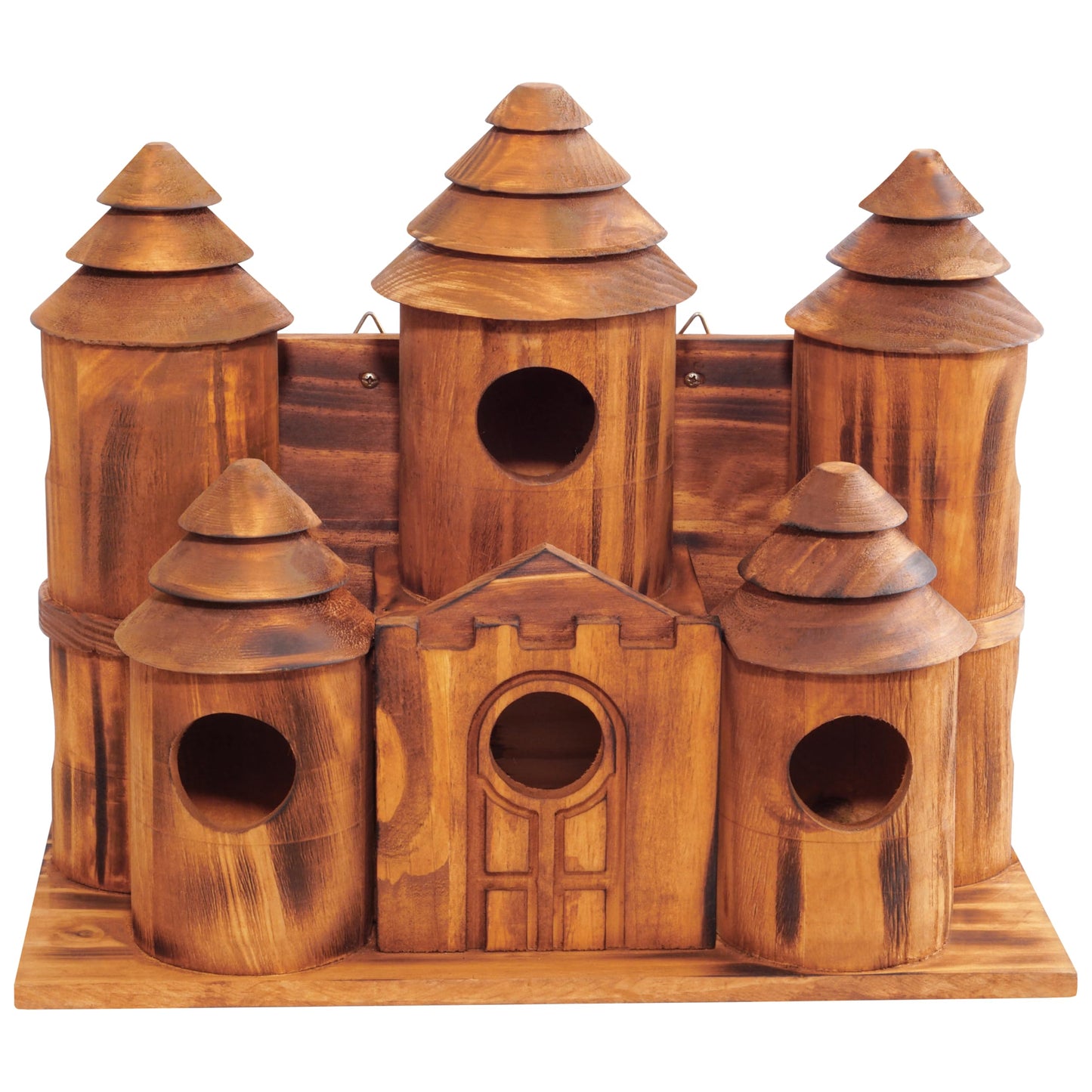 MIXUMON Wooden Bird Houses for Outside – 8 Rooms Castle-Style Bird House, Carbonized Pine Rustic Finish, 1.57" Entrance Holes, Decorative Outdoor Bird Nesting Box (Rustic, 8 Rooms)