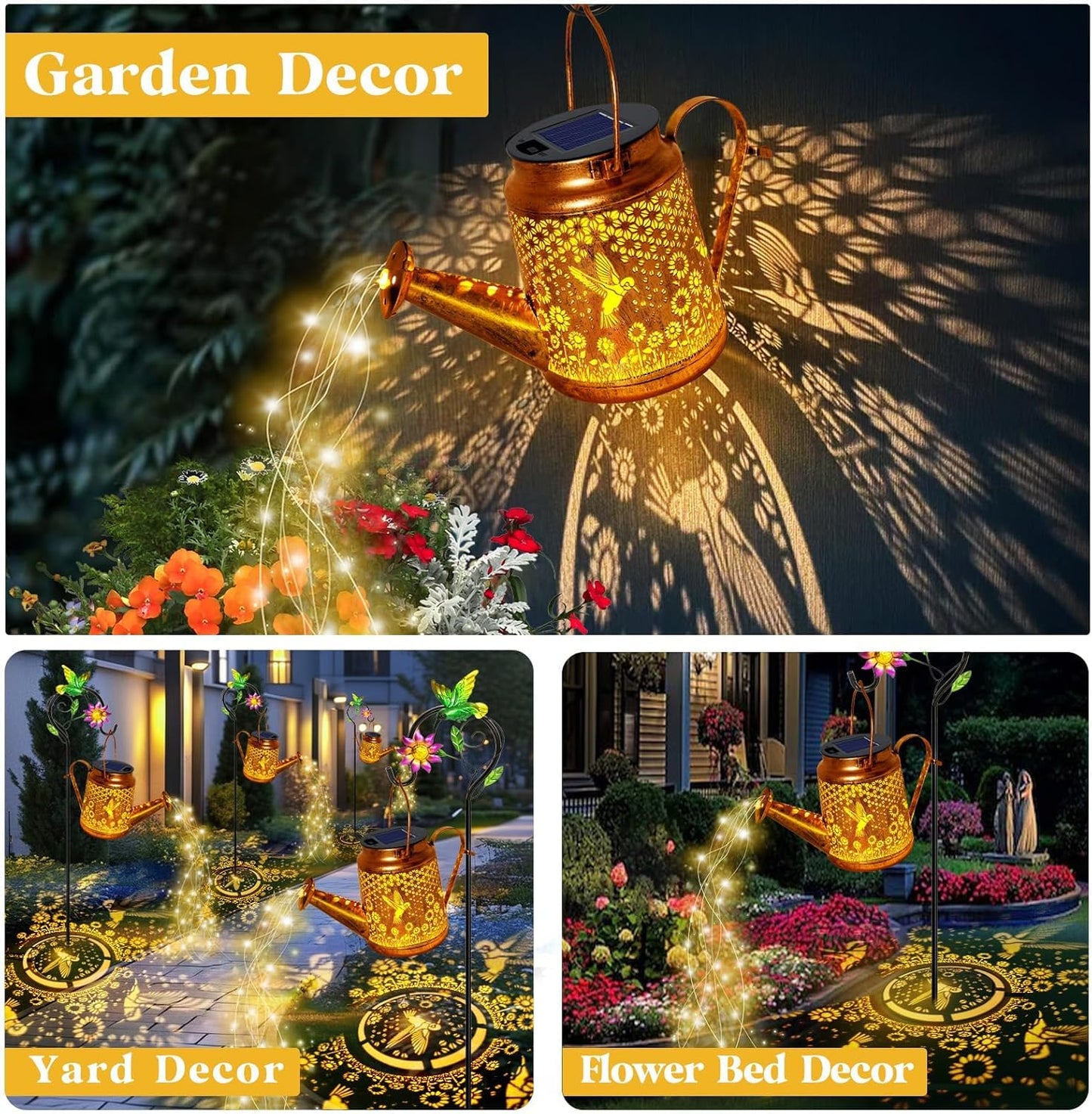 Big Solar Lanterns Outdoor Waterproof, Gifts for Mom Grandma Women Wife Daughter Mother's Day, Hummingbird Sunflower Watering Can with Shepherd Hook, Hanging Lanterns, Solar Path Lights Outdoor Decor