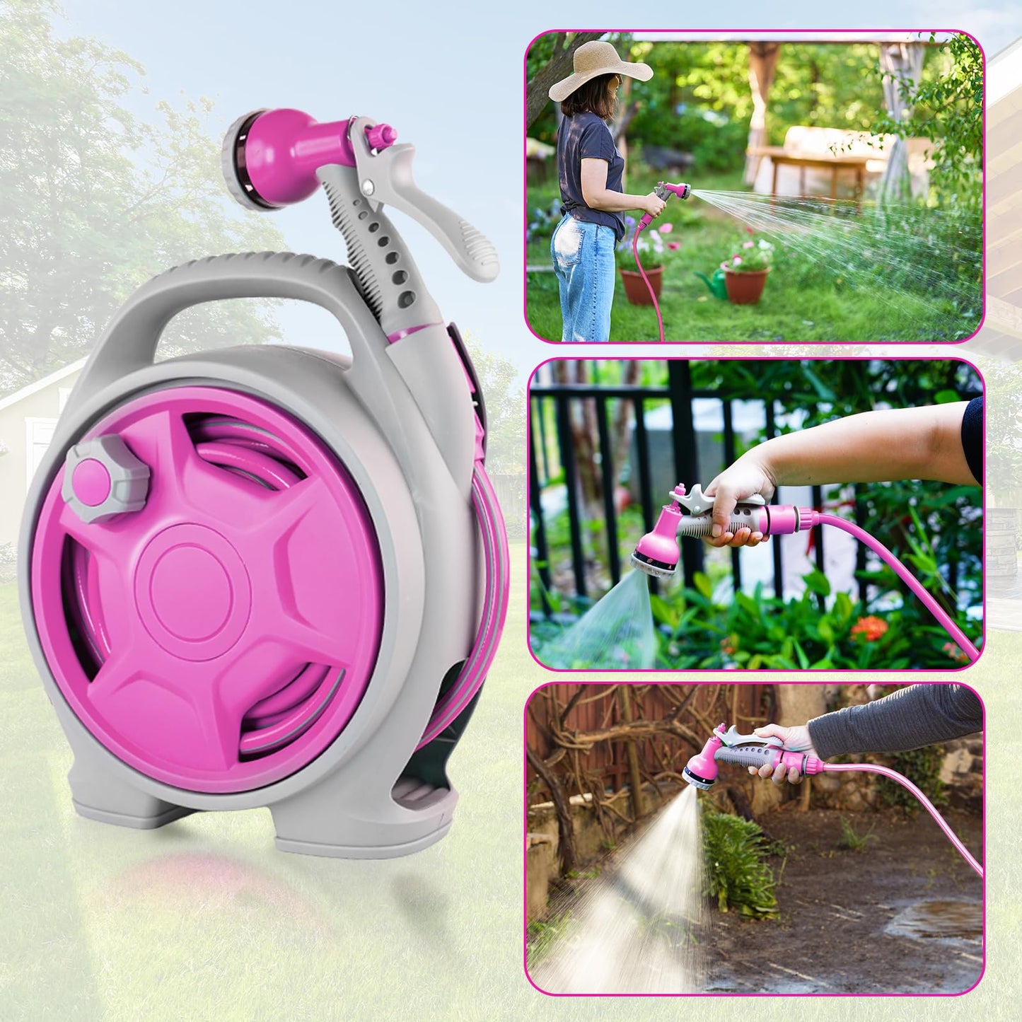 Portable Hose Reel, 50FT Garden Hose Reel for Outside, Lightweight Hose Reel with 6 Patterns Spray Nozzle, Suitable for US Standard Hose Connection（PINK）