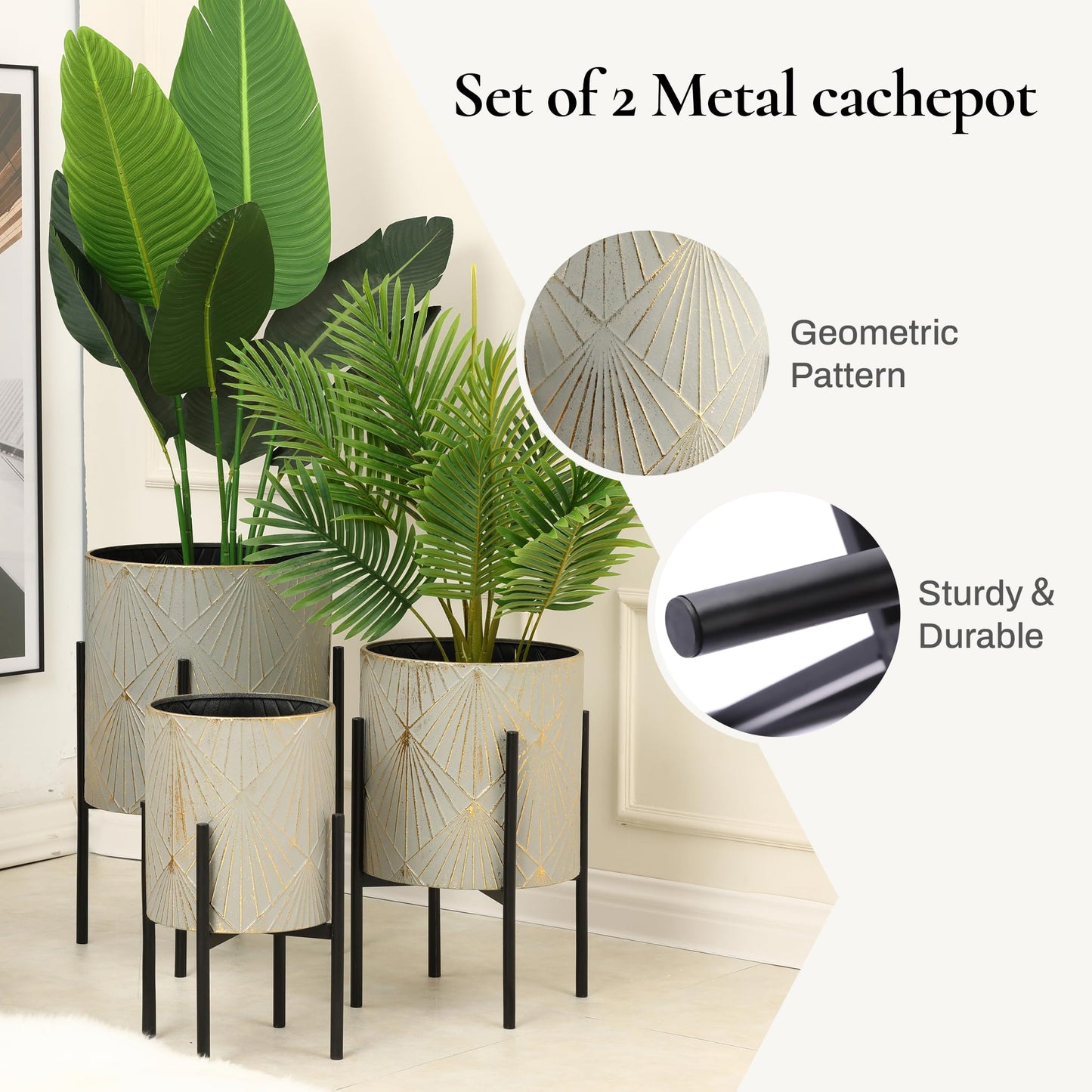 LuxenHome Planters for Indoor Plants, Set of 3 Floor Plants Pots with Stands, Modern Decorative Metal Flower Pots, Green Gray Cachepot Planters,10.5", 12", 14" Inch