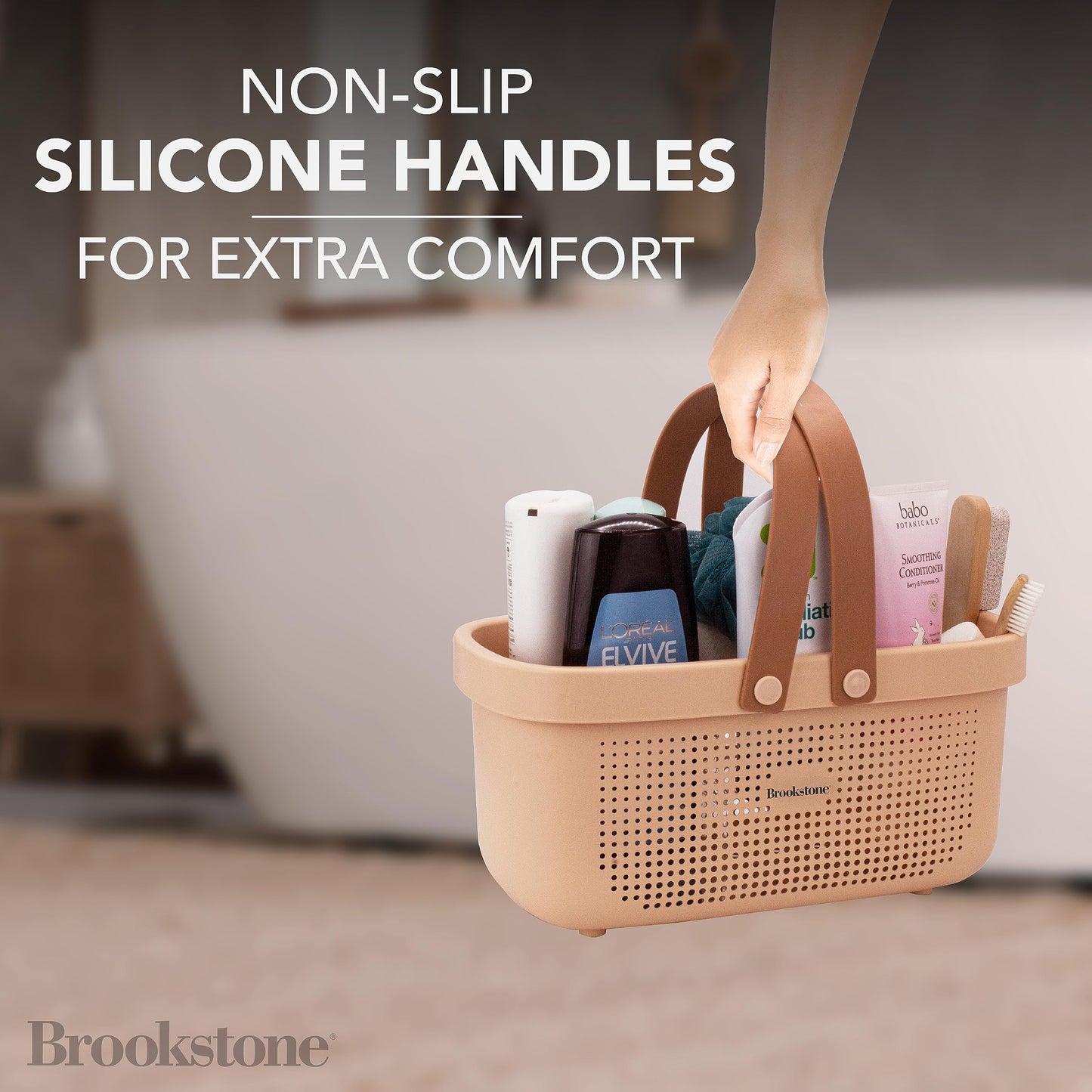 Brookstone Modern Large Portable Shower Caddy with Soft Silicone Carrying Handle, Bathroom Organizer Basket, Plastic Bath Tote and Shower Organizer, Quick Dry Drainage Holes, BPA Free, Blush