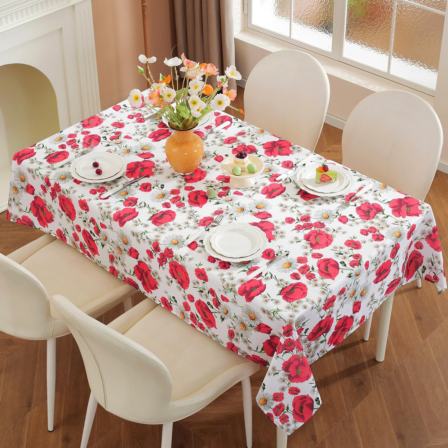 SASTYBALE Spring Summer Tablecloth 52 x 70 Inches Rectangle Red Floral Table Cloth, Washable Water Resistant & Wrinkle Free Polyester Texture Table Cover for Party,Picnics, and Dinner Decor