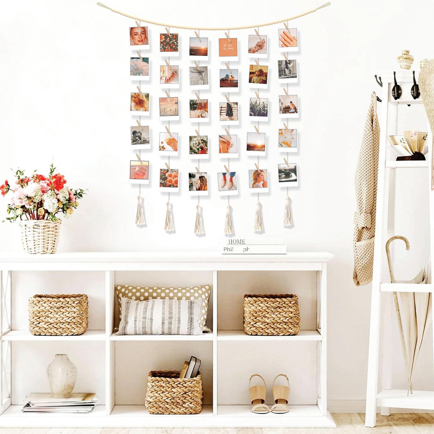 BIZYAC Hanging Photo Display with Clips Wall Boho Decor Beads Garland - Sculptural Picture Frames Collage - 30 Clothespins - 2 Non-Trace Hook - No Holes Drilling - 45 x 45 inch