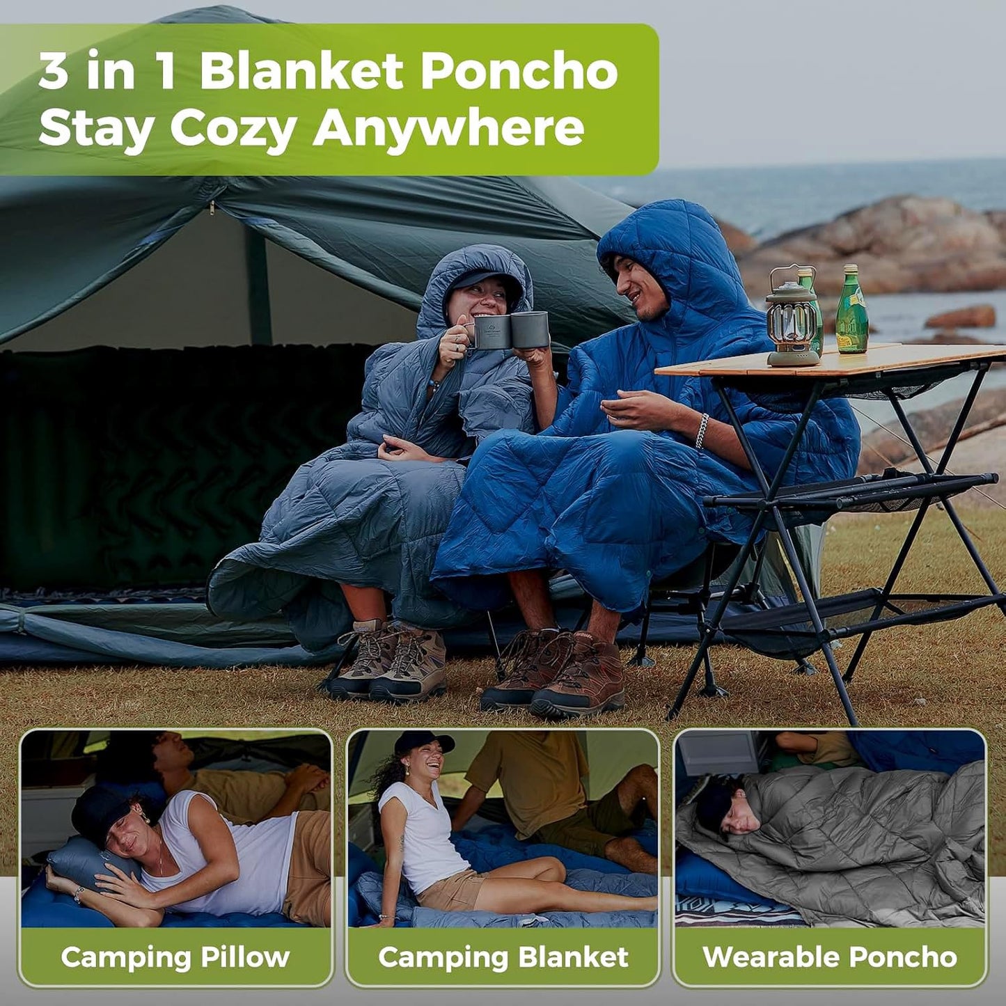 ATEPA Wearable Sleeping Bag, Recycled Insulated Water-Resistant Camping Blanket Poncho, Ultralight Packable Hooded Stadium Blanket for Outdoor Sports Fishing Backpacking Hiking Cold Weather, Green