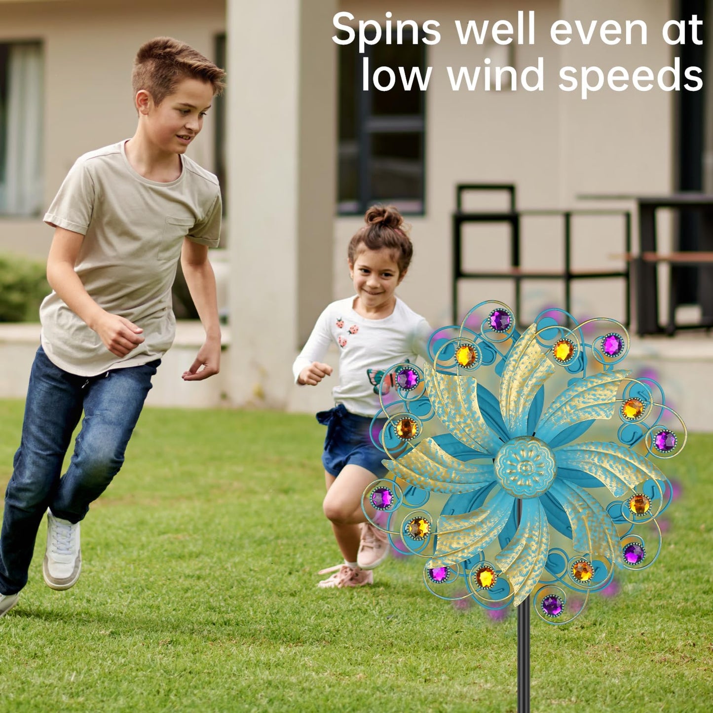Jusimux Metal Wind Spinners Outdoor, Golden Kinetic Wind Sculpture Garden Pinwheels with Metal Stake, Yard Art Decor for Patio, Lawn & Garden, Creative Gifts 57.5 * 13 Inch