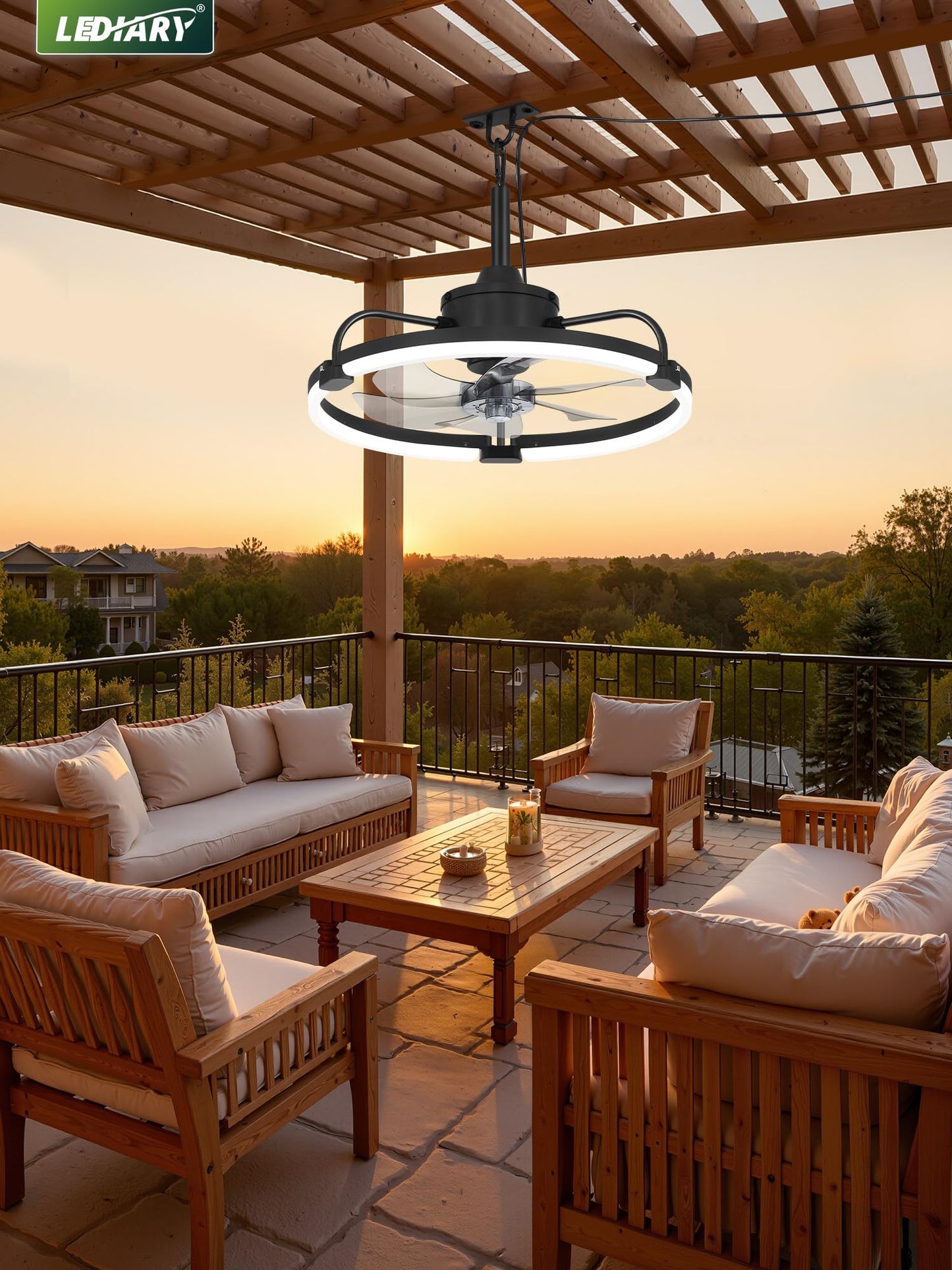 LEDIARY 20" Outdoor Ceiling Fan with Lights, IP65 Waterproof Gazebo Fan with Hanging Hook, Plug-in Ceiling Fan Remote&APP Control, 3CCT Dimmable, 6-Speeds, Caged Ceiling Fan for Gazebo,Patio,Pergola