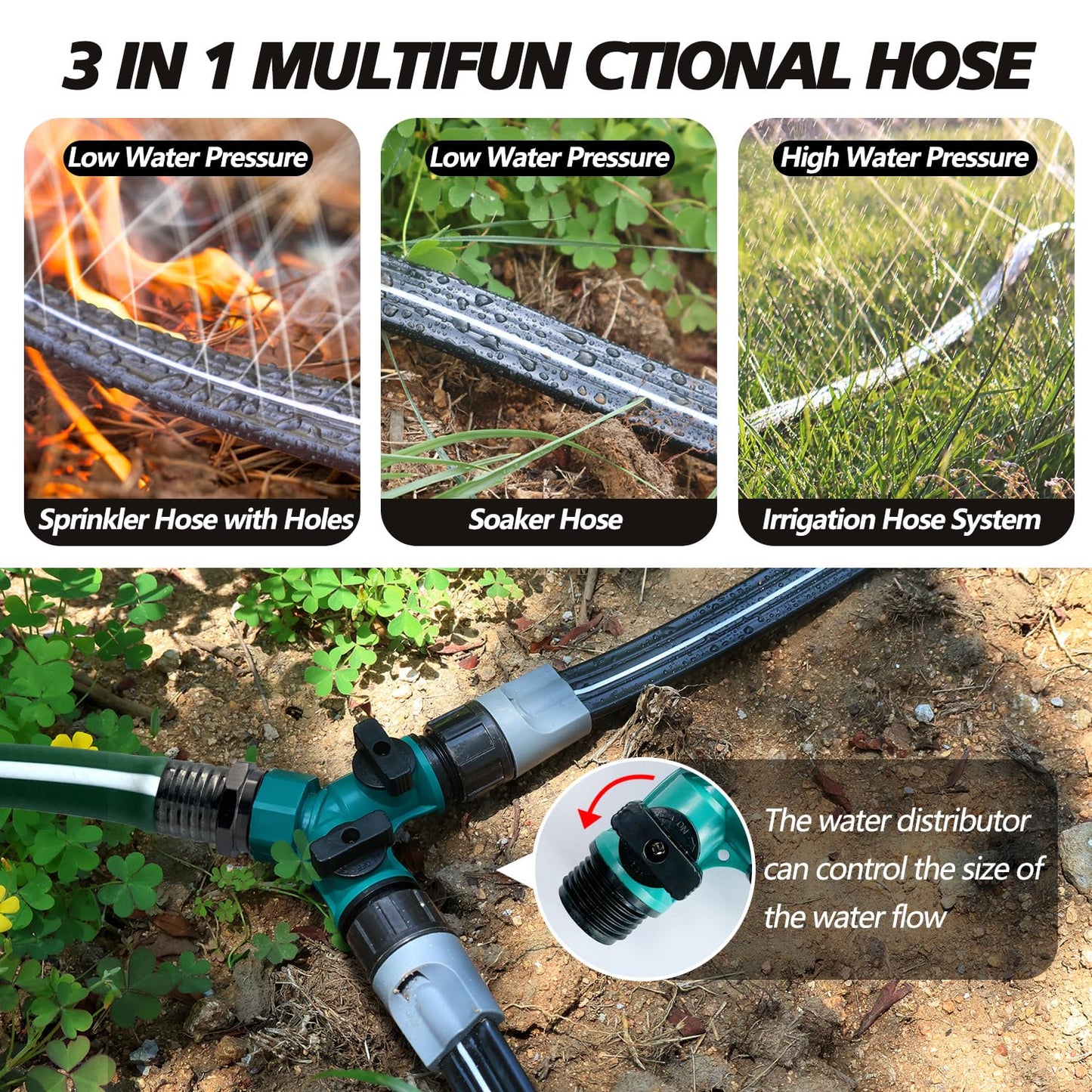 Apgooface Sprinkler Hose with Holes, Flat Soaker Hose 100 Ft (25 ft 4pack) with Garden Staples and Splitters, Watering Drip Irrigation Hoses for Lawn, Vegetable and Garden Beds (100 ft)