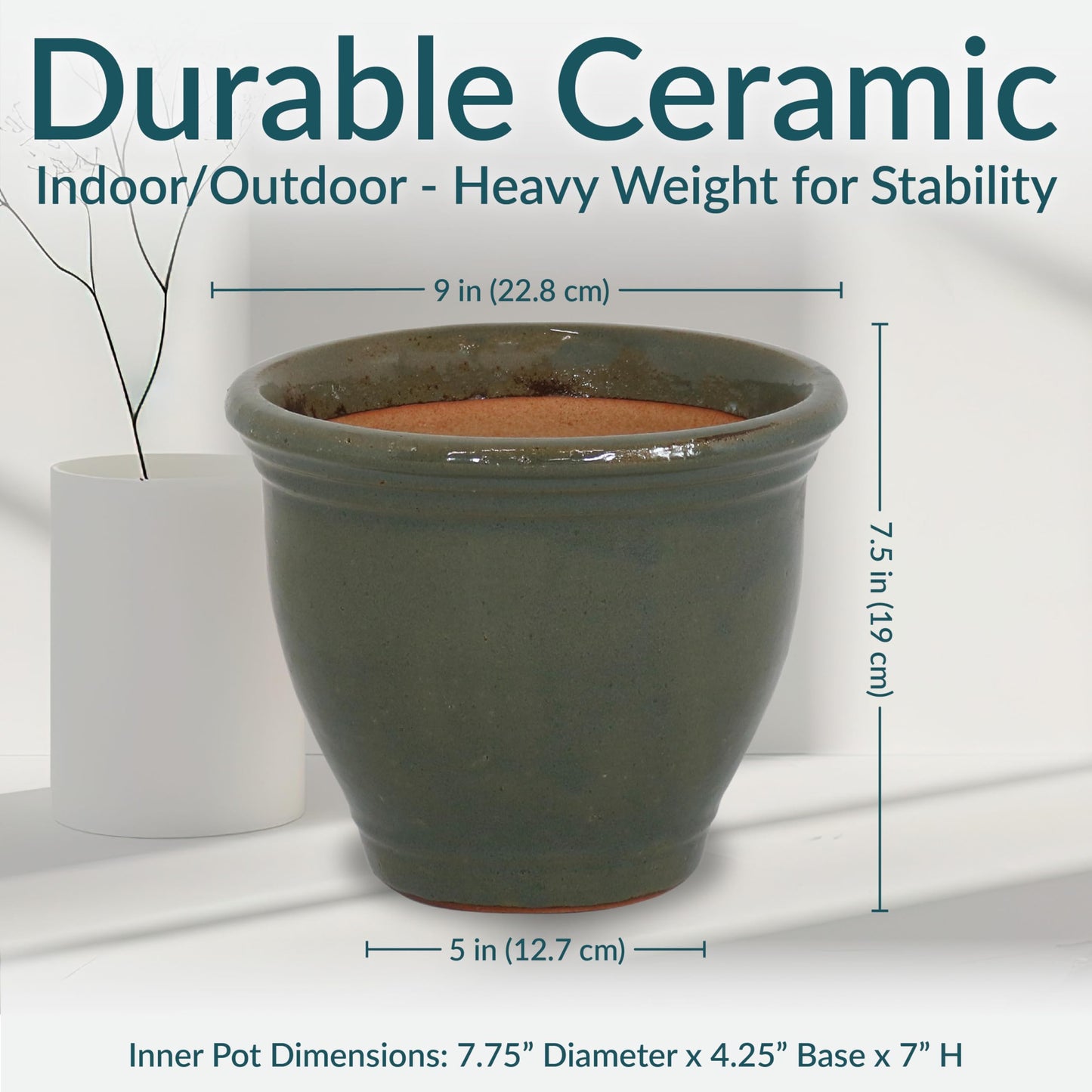 Sunnydaze Round Ceramic Planter - Set of 2 Indoor or Outdoor Plant Pots with Drainage Hole - Studio - 9" - Gray Glaze