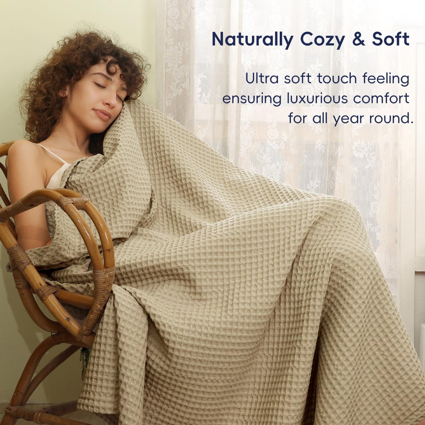 PHF Ultra Soft Waffle Weave Throw Blanket 50"x 60"- Washed Lightweight Breathable Cozy Woven Blanket for Bed - Aesthetic Decor for Couch Bedding Sofa Home Car - Khaki