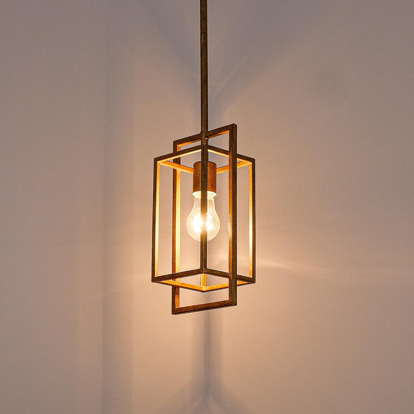 Wrlmfy Antique Brown Pendant Lighting Fixture with Geometric Metal Cage, 1-Light Retro Inspired Farmhouse Mini Hanging Lamp with Height Adjustable Rods for Kitchen Island, Cafe Bar, Dining Room
