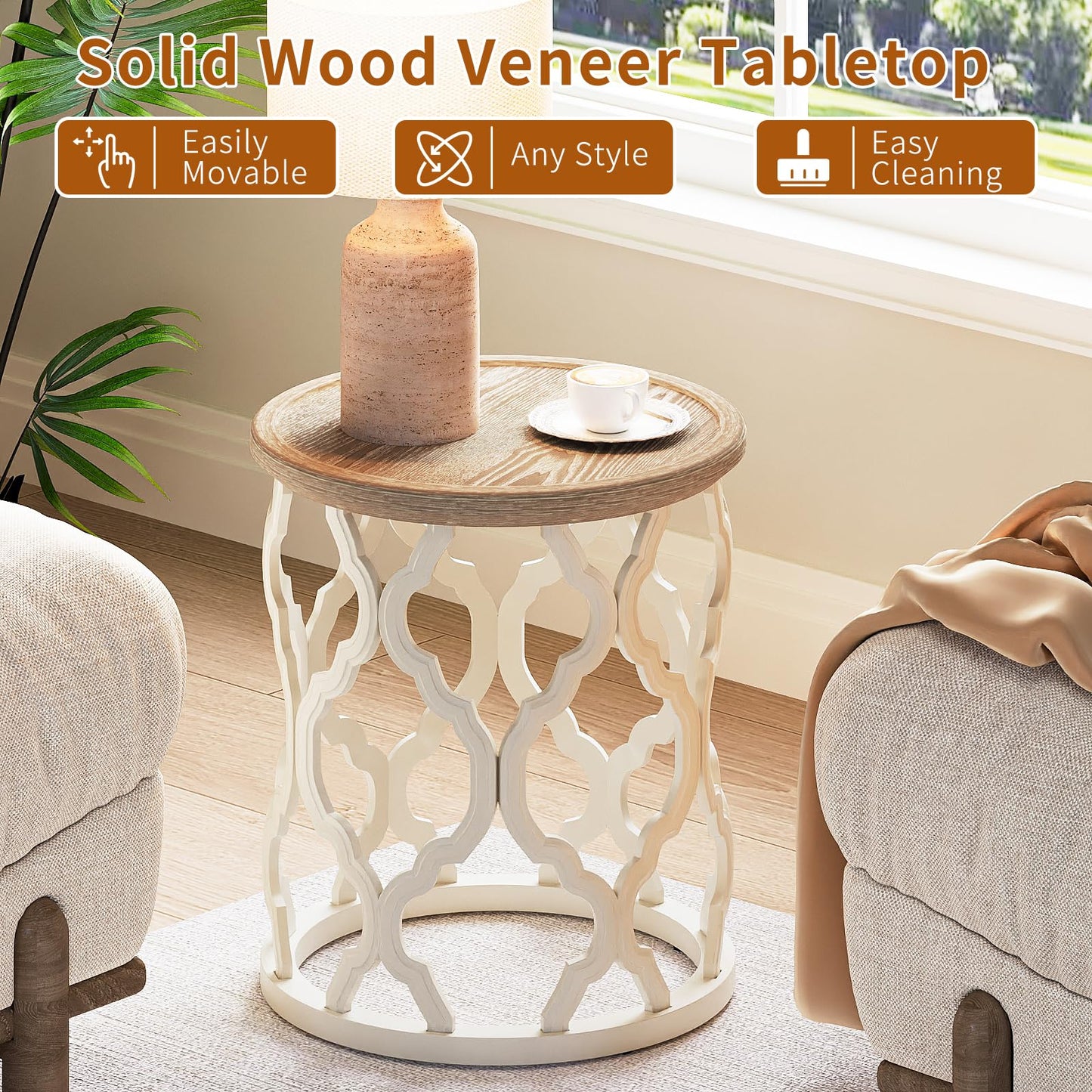 karlott Farmhouse End Table, 18.5'' French Country Round Side Table, Distressed Tray Top Side Table with Curved Motif Frame Base for Boho, End Tables Living Room, Bedroom, Small Space, Cream Beige