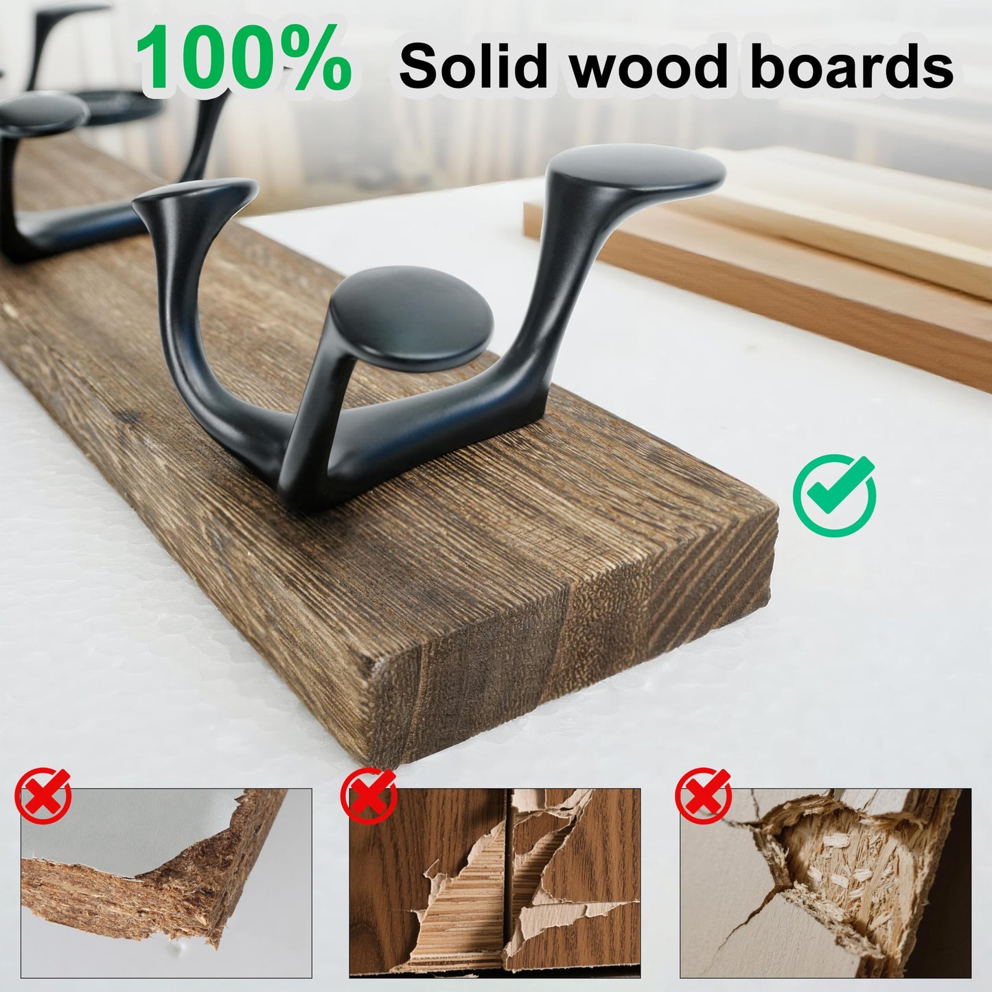 WEBI Coat Rack Wall Mount,17" Solid Wood Coat Hooks Wall Mounted Coat Hanger,16" Hole to Hole,Heavy Duty Hook Rack Rail,3 Triple Hooks for Hanging Coats,Jacket,Clothes,Hat,Backpack,Weathered Brown