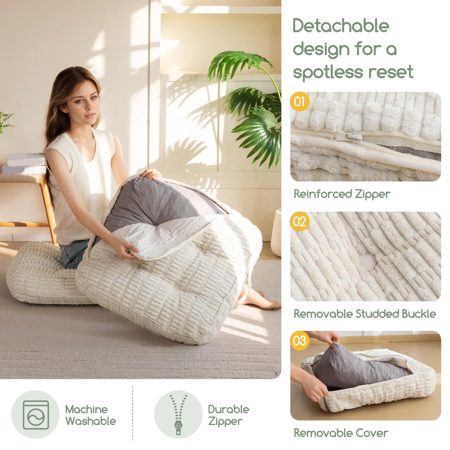 Washable Floor Pillow Cushion for Adults, Meditation Cushion Pillow, Removable Tufted Blended Corduroy Cover, Large Square Floor Sitting for Tatami Living Room or Yoga, 22x22 Inch, Machine Washable