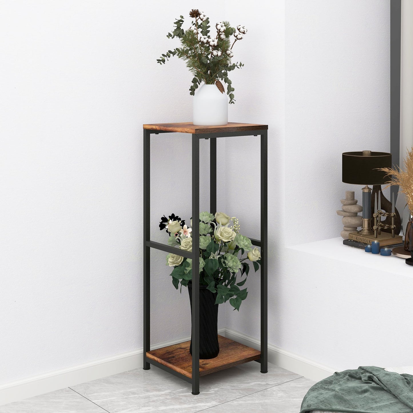 NOAMOO 32 inch Tall Metal Wood Plant Stand, Tier Potted Plant Shelf for Indoor, Flower Pot Holder for Corner Living Room Patio Balcony Garden, Kitchen and Bathroom Display Rack, Brown
