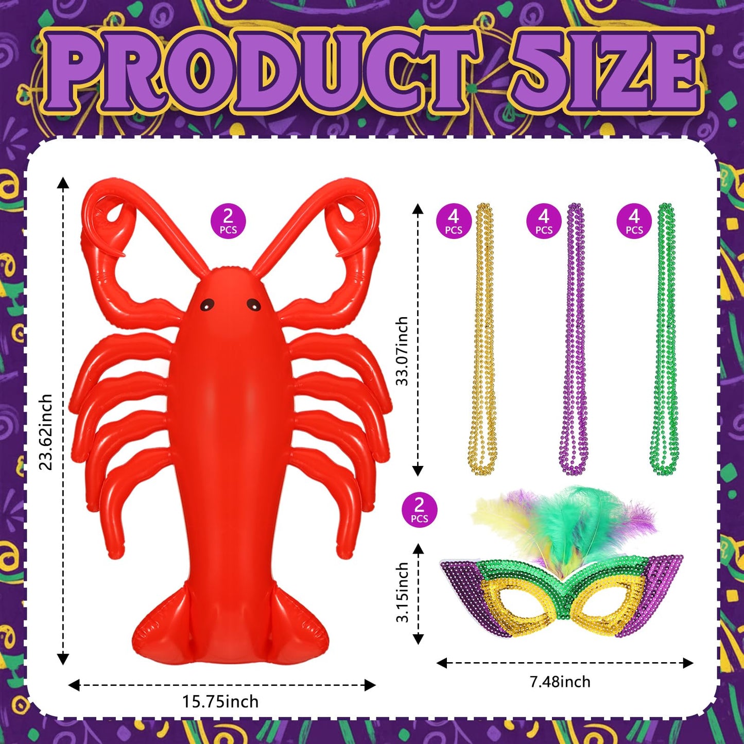 LaRandom 16 Pcs Mardi Gras Inflatable Lobster Decor 23.6 in with Mask and Purple Green Gold Beads Necklace for Mardi Gras Inflatable Decorations Yard Table Centerpieces Outdoor Decor